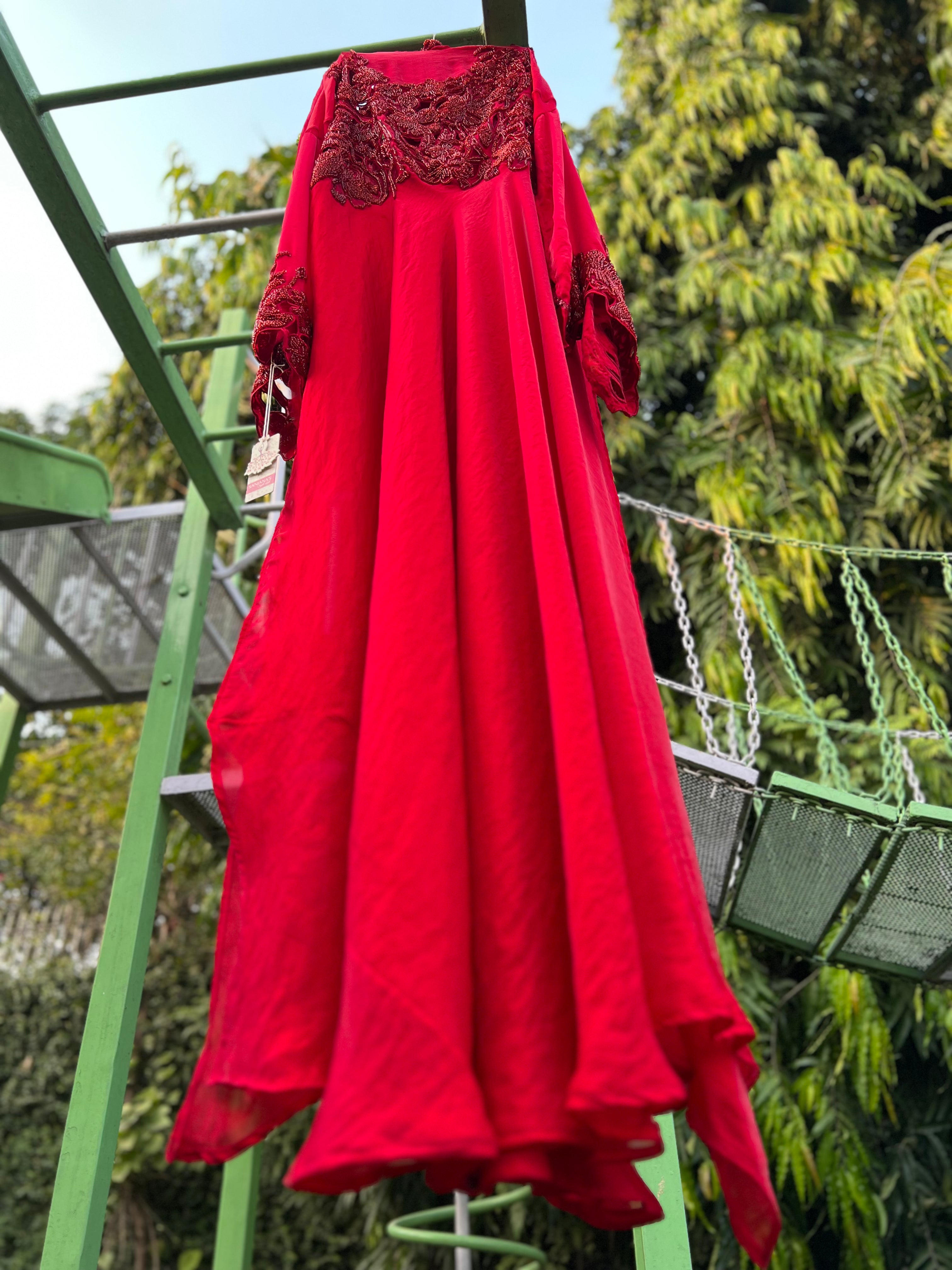 Red Bias Yoke Cut Anarkali