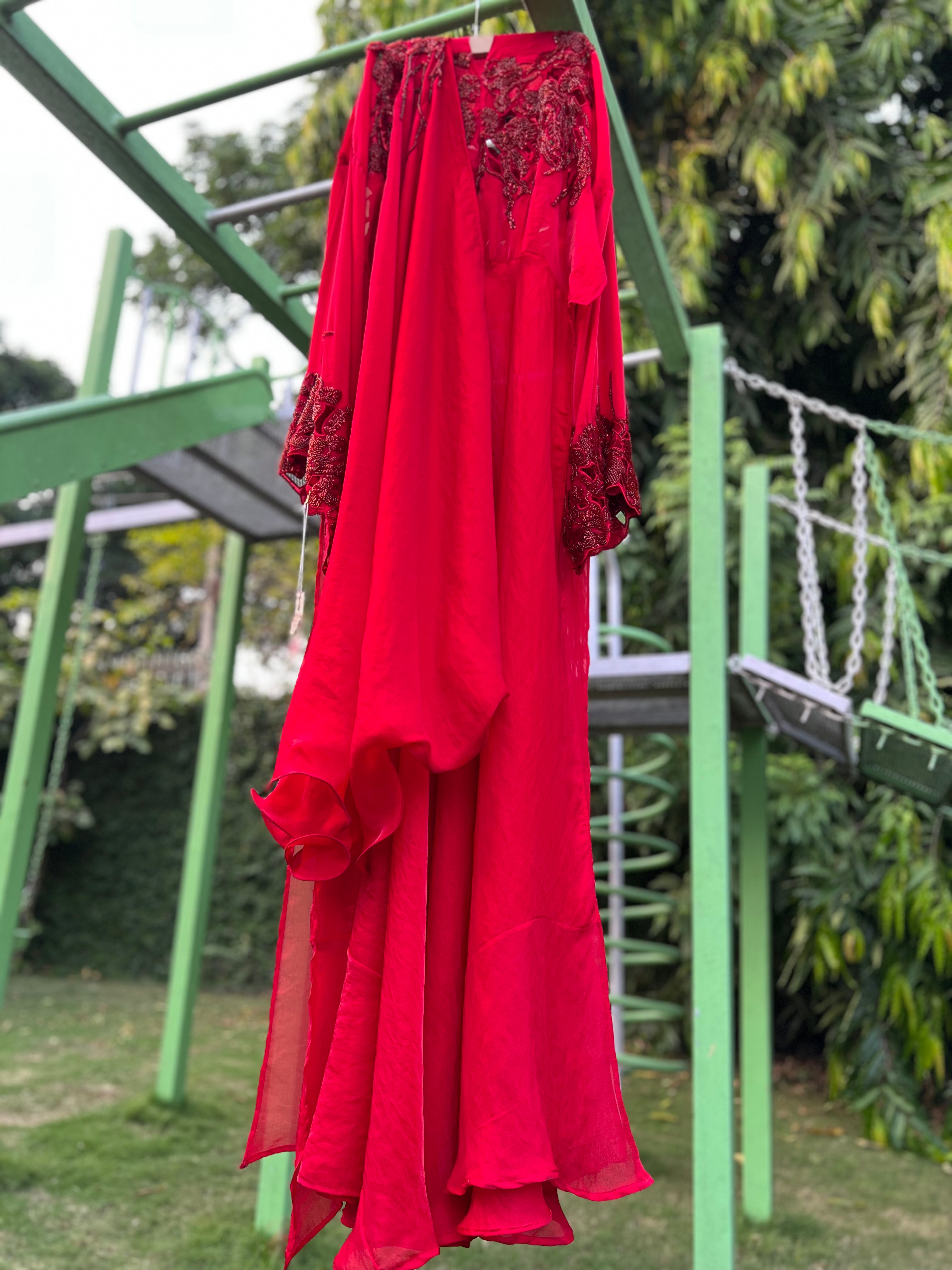 Red Bias Yoke Cut Anarkali