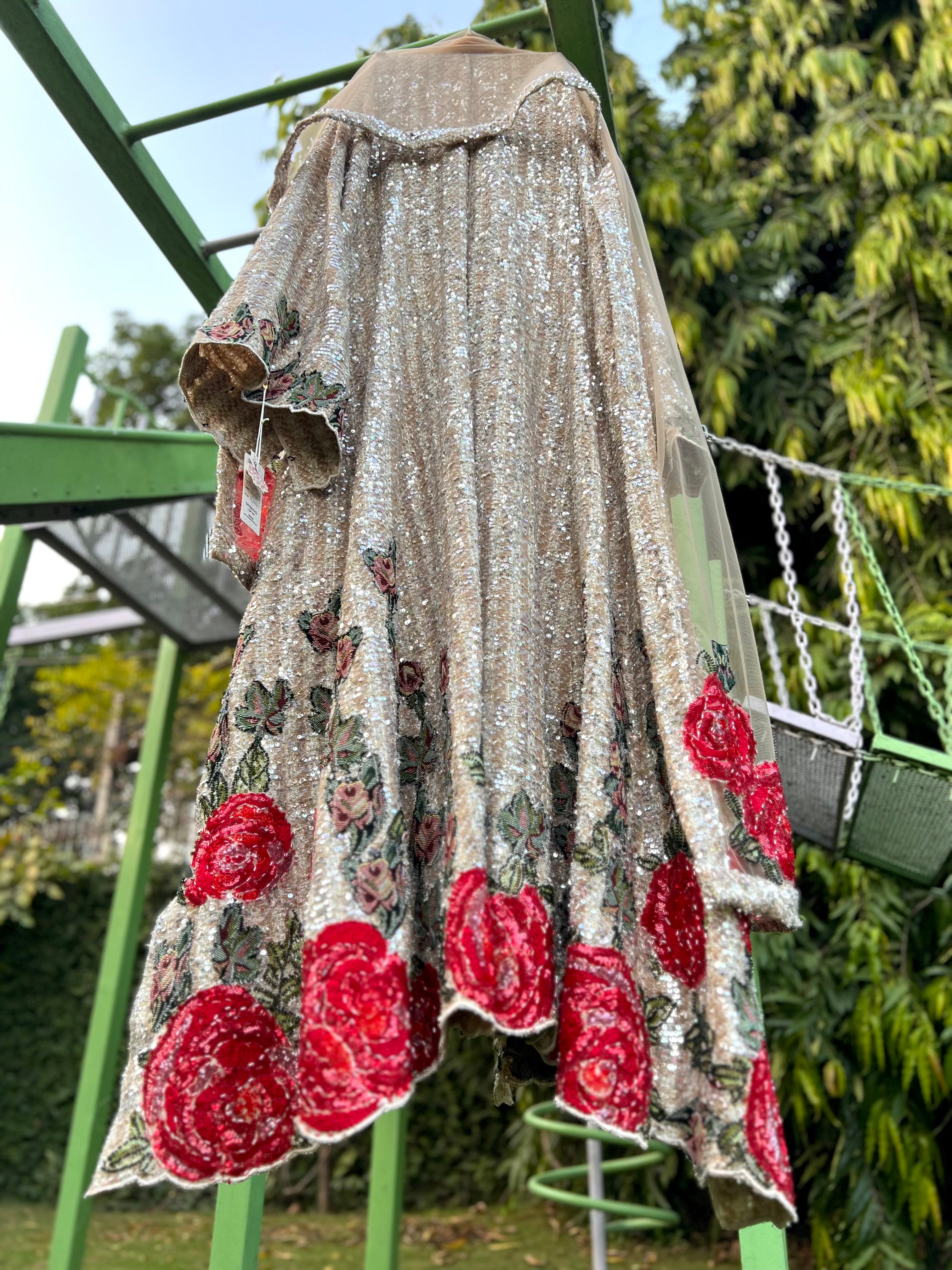 Beige Tweed Rose Anarkali Jacket