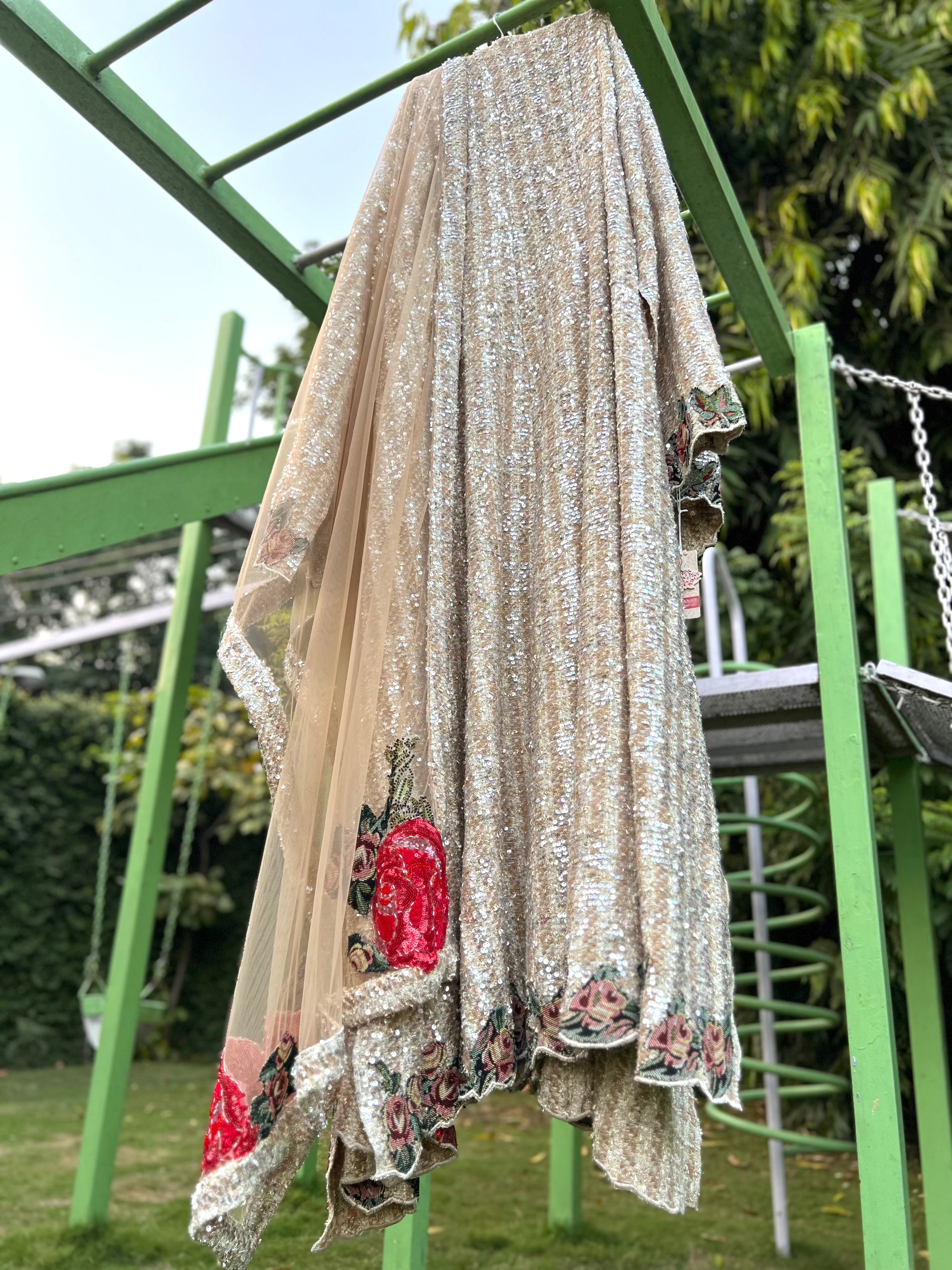 Beige Tweed Rose Anarkali Jacket