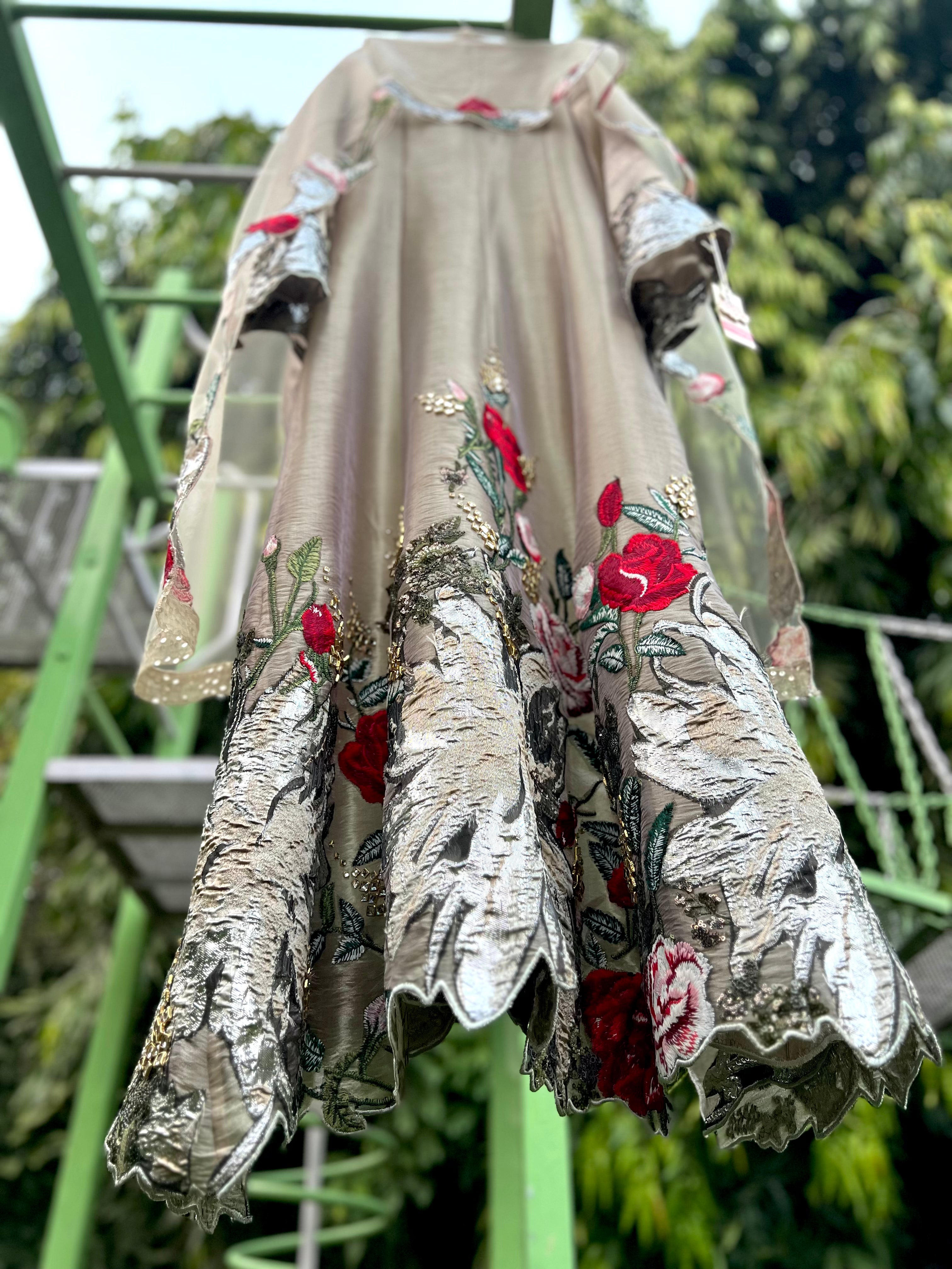 Grey Organza Tissue Brocade Rose Anarkali