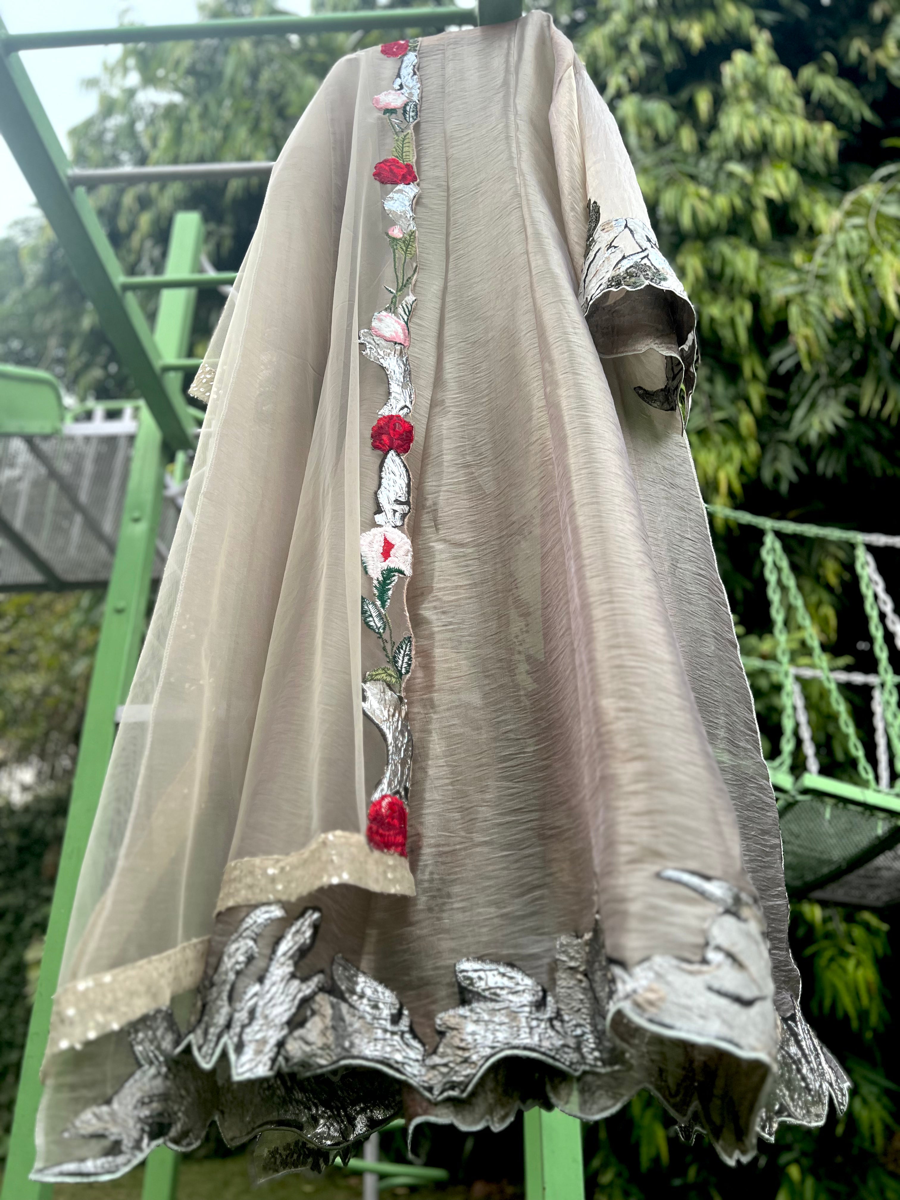 Grey Organza Tissue Brocade Rose Anarkali
