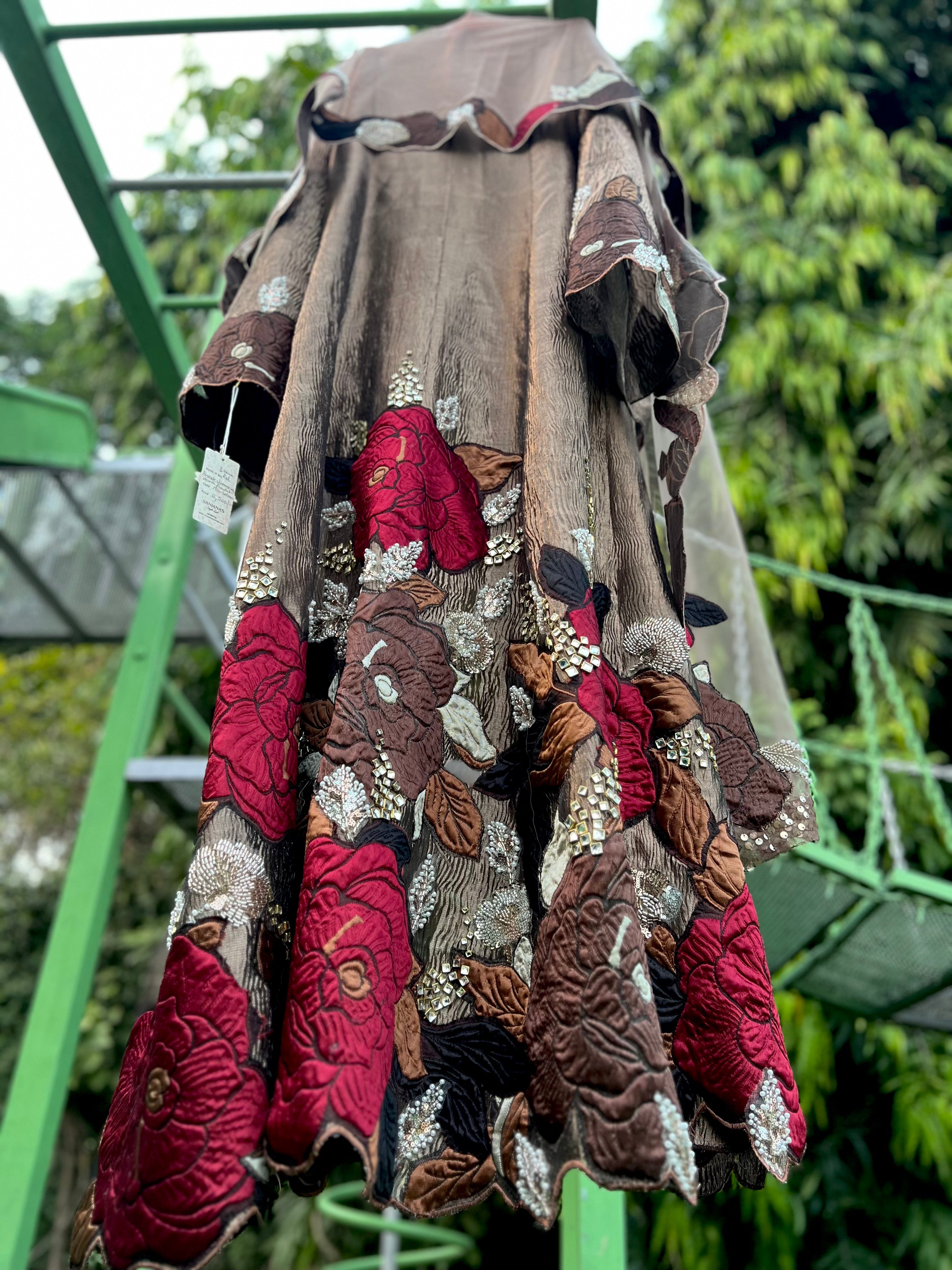 Brown Red Brocade Shimmering Strands Anarkali