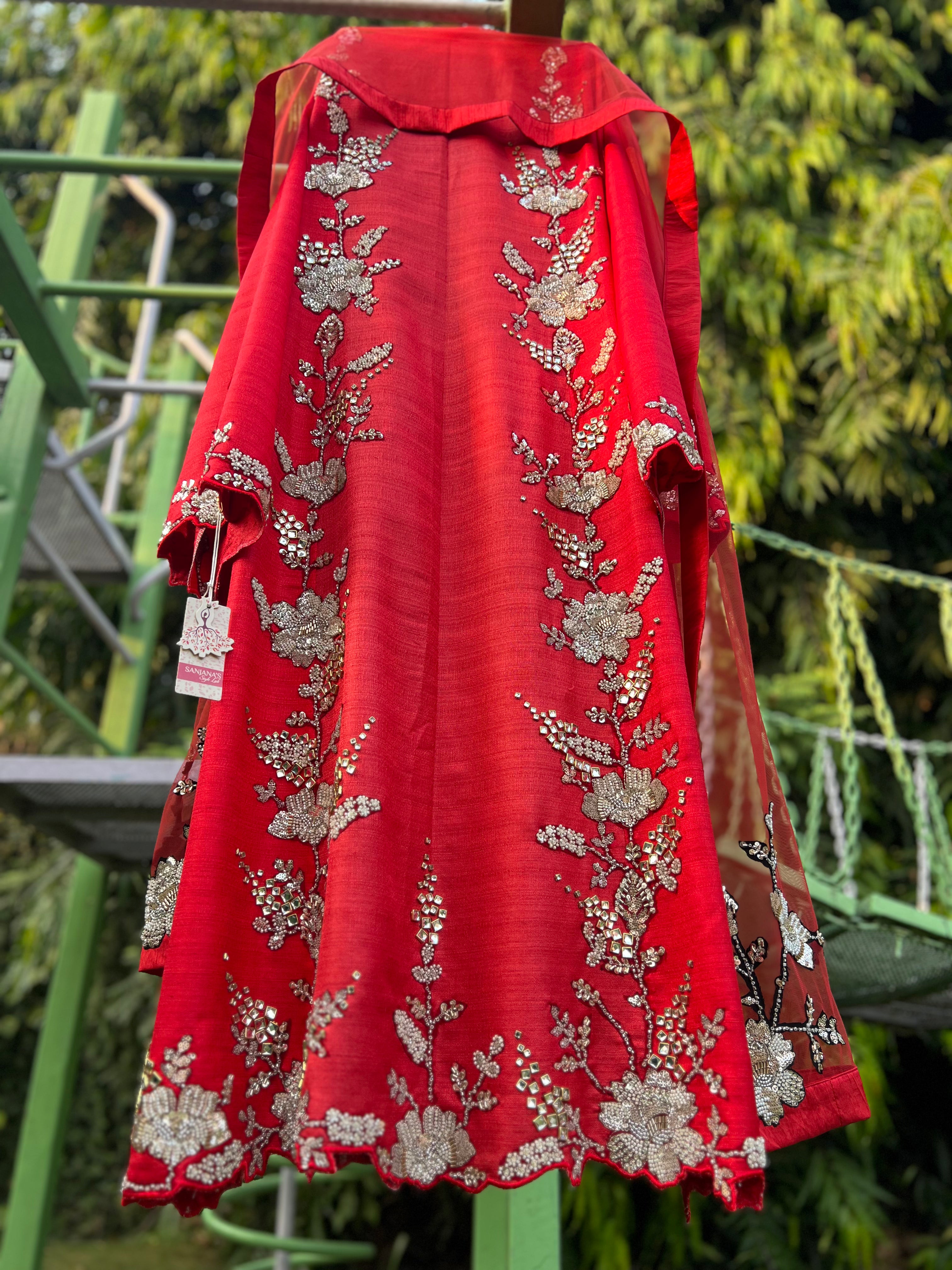 Red Khadi Kundan Floral Panel