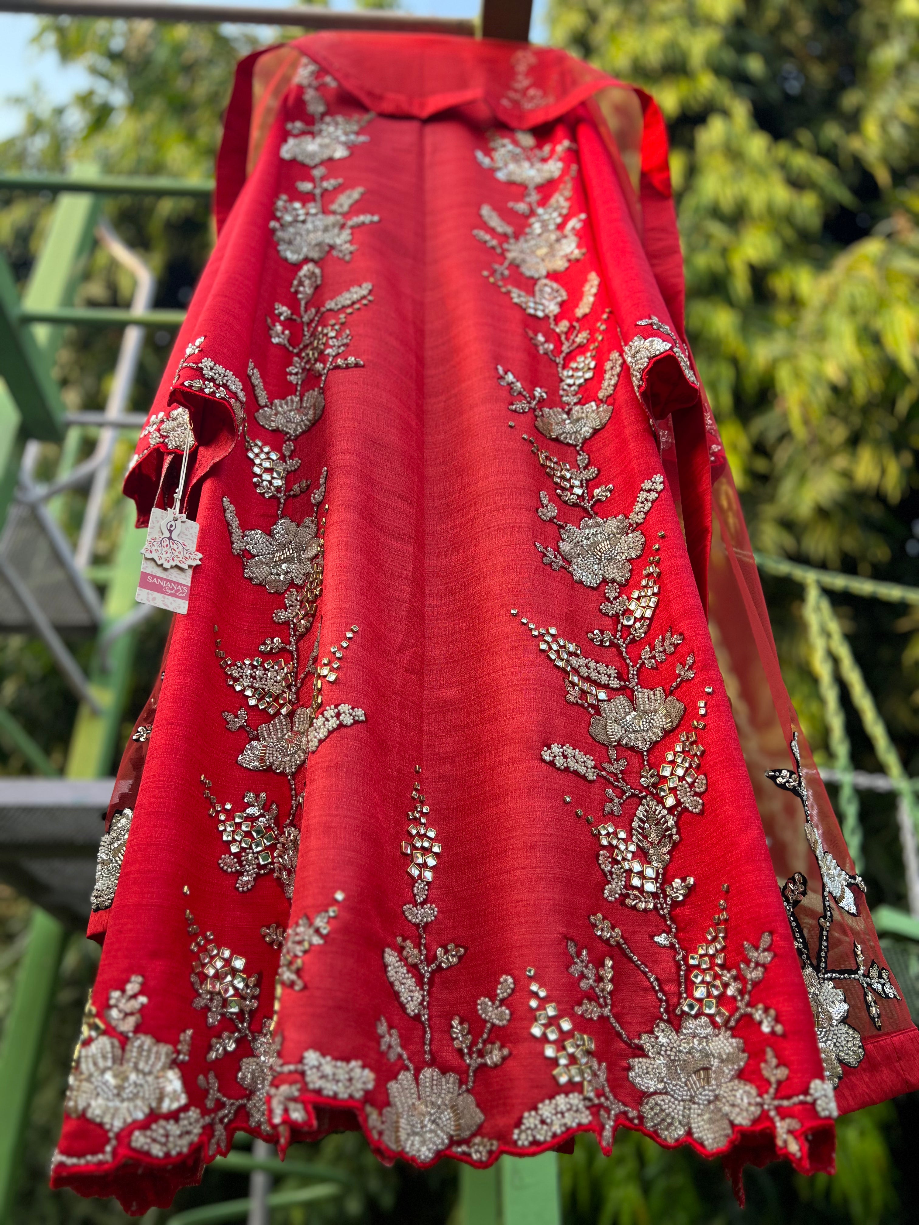Red Khadi Kundan Floral Panel