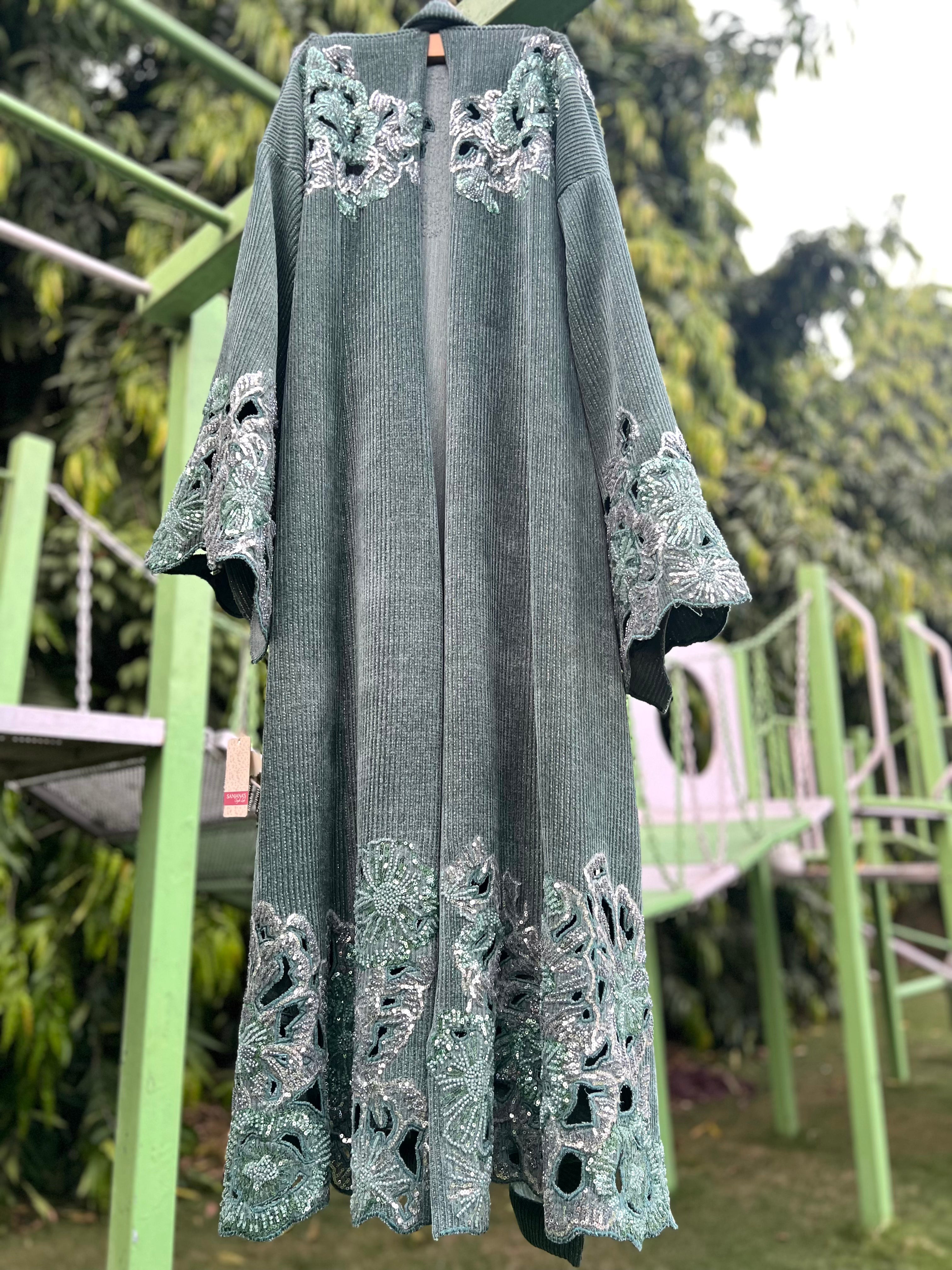 Mint Green Cord Hand Cuts Jacket