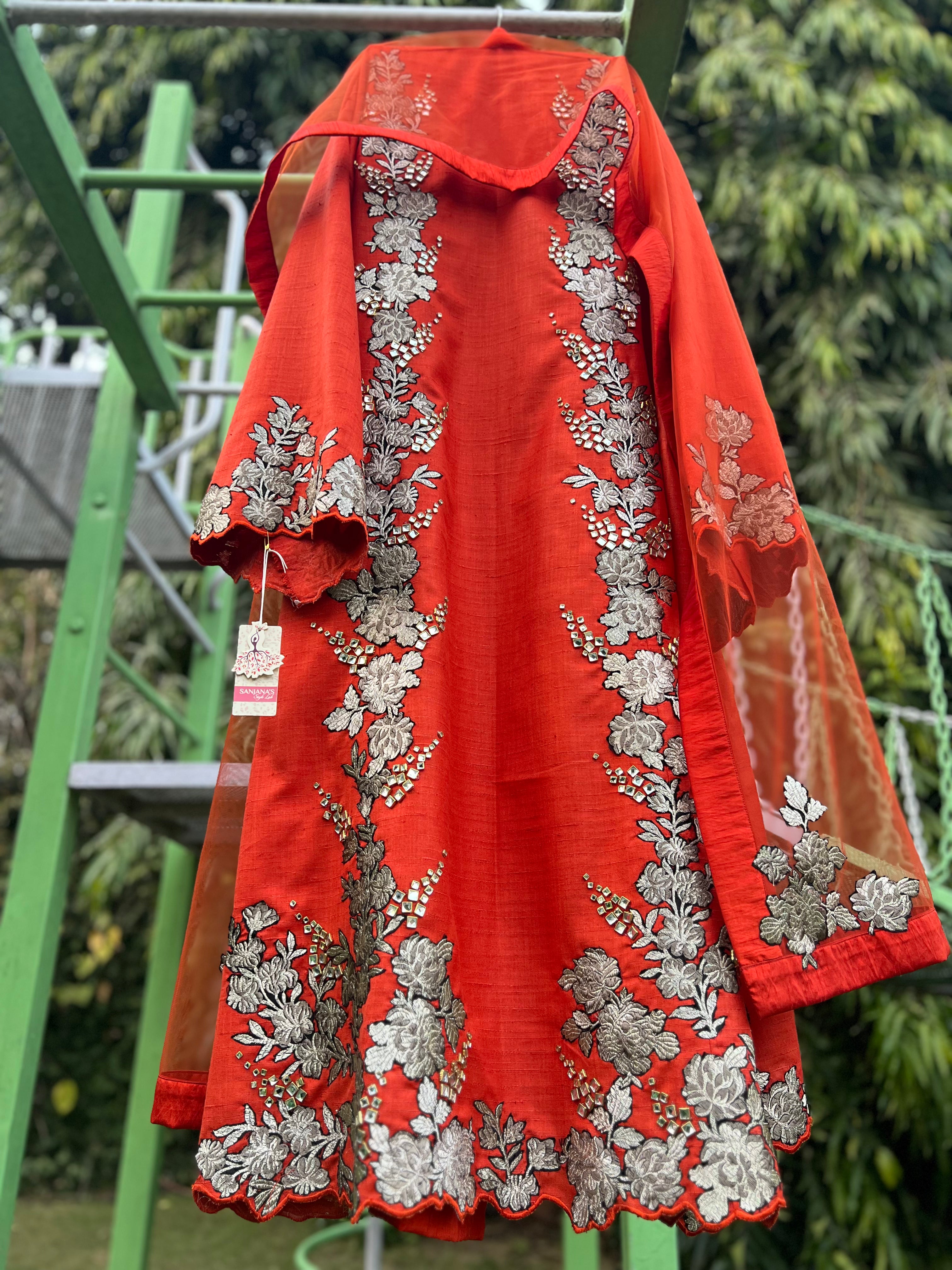 Orange Khadi Gunmetal Floral Panel
