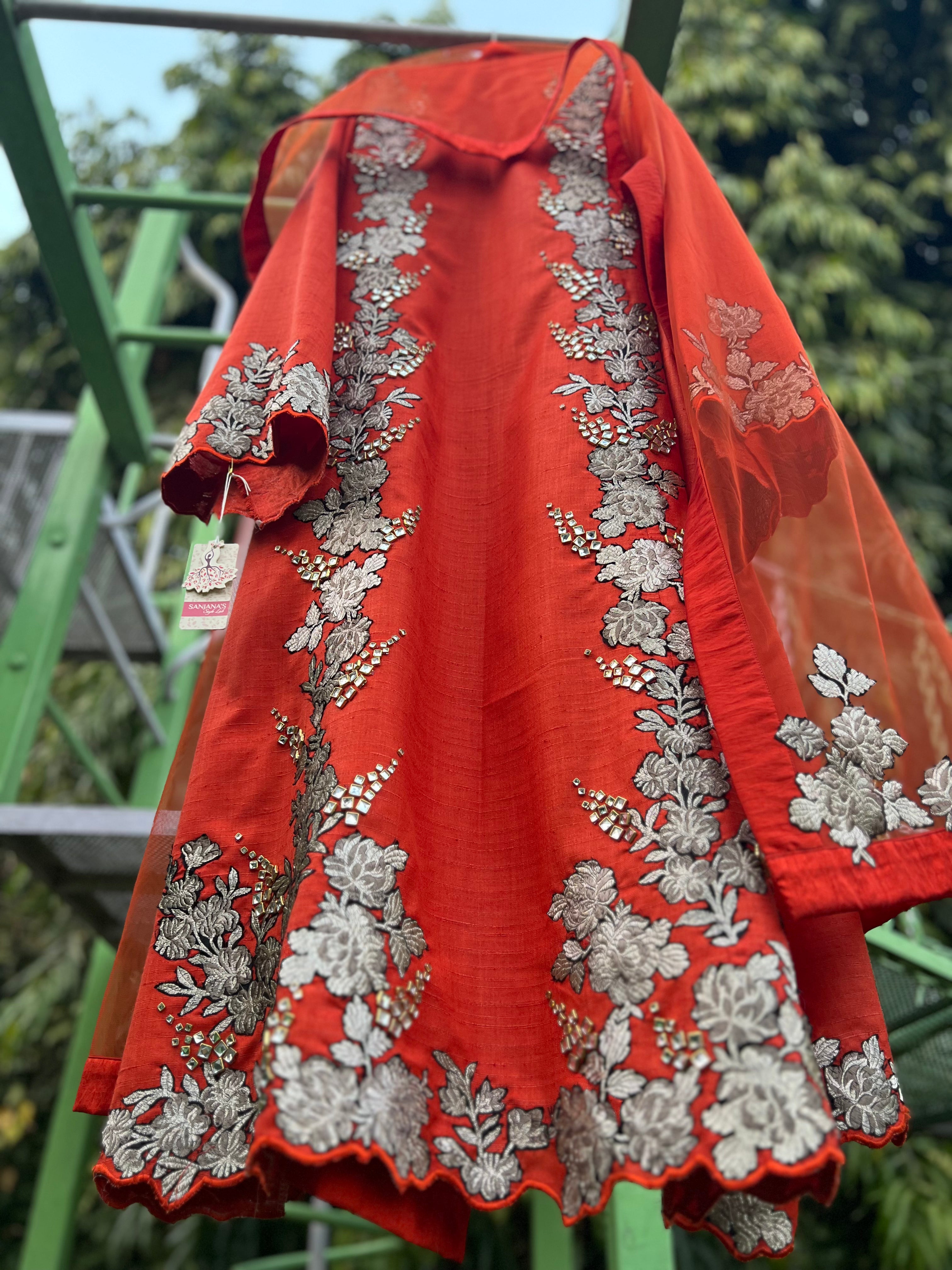 Orange Khadi Gunmetal Floral Panel