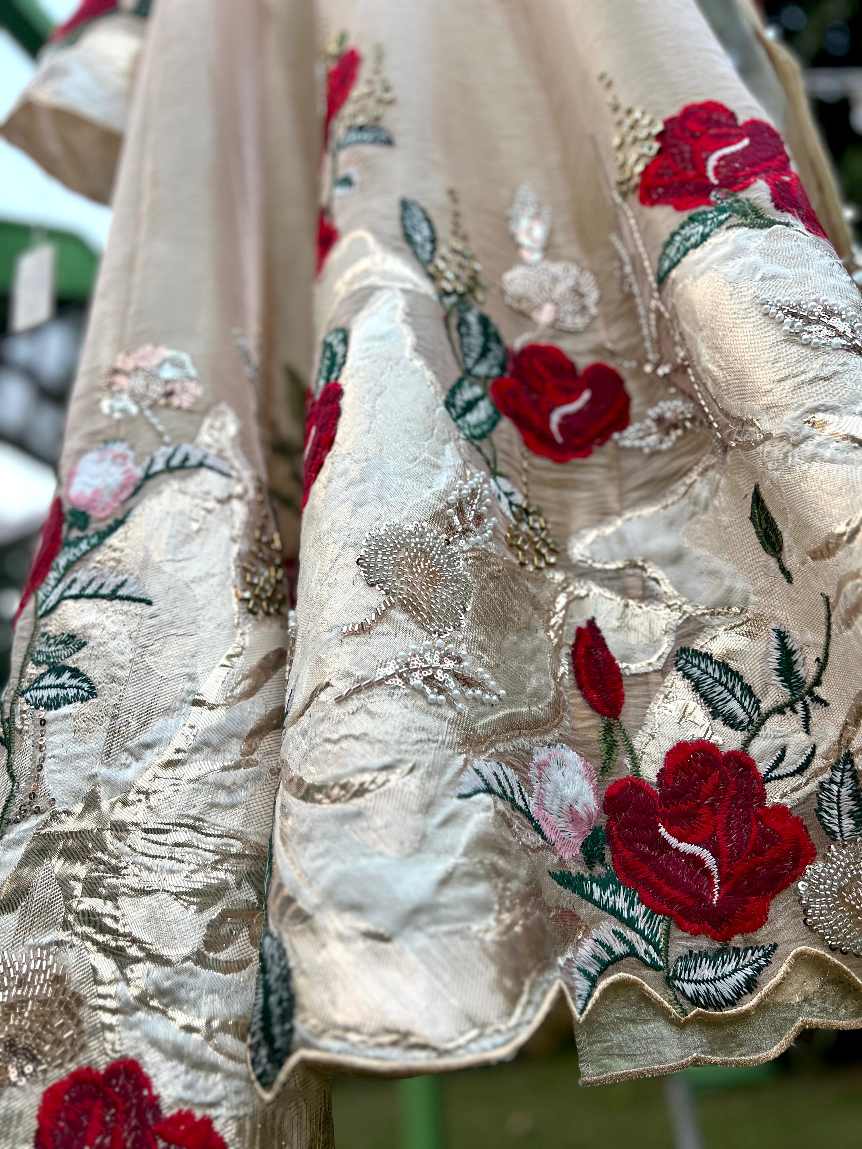 Light Gold Organza Tissue Brocade Rose Anarkali