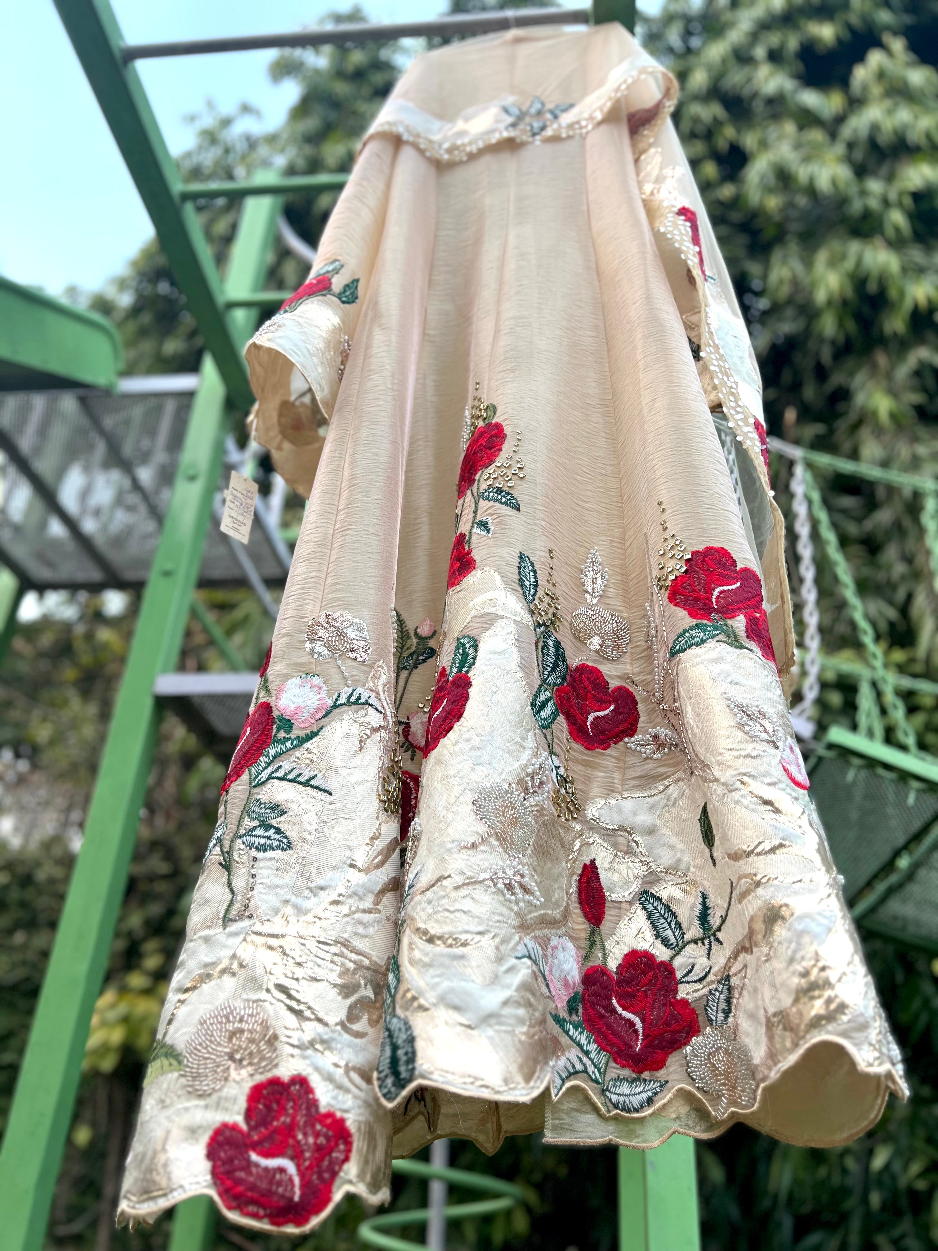 Light Gold Organza Tissue Brocade Rose Anarkali