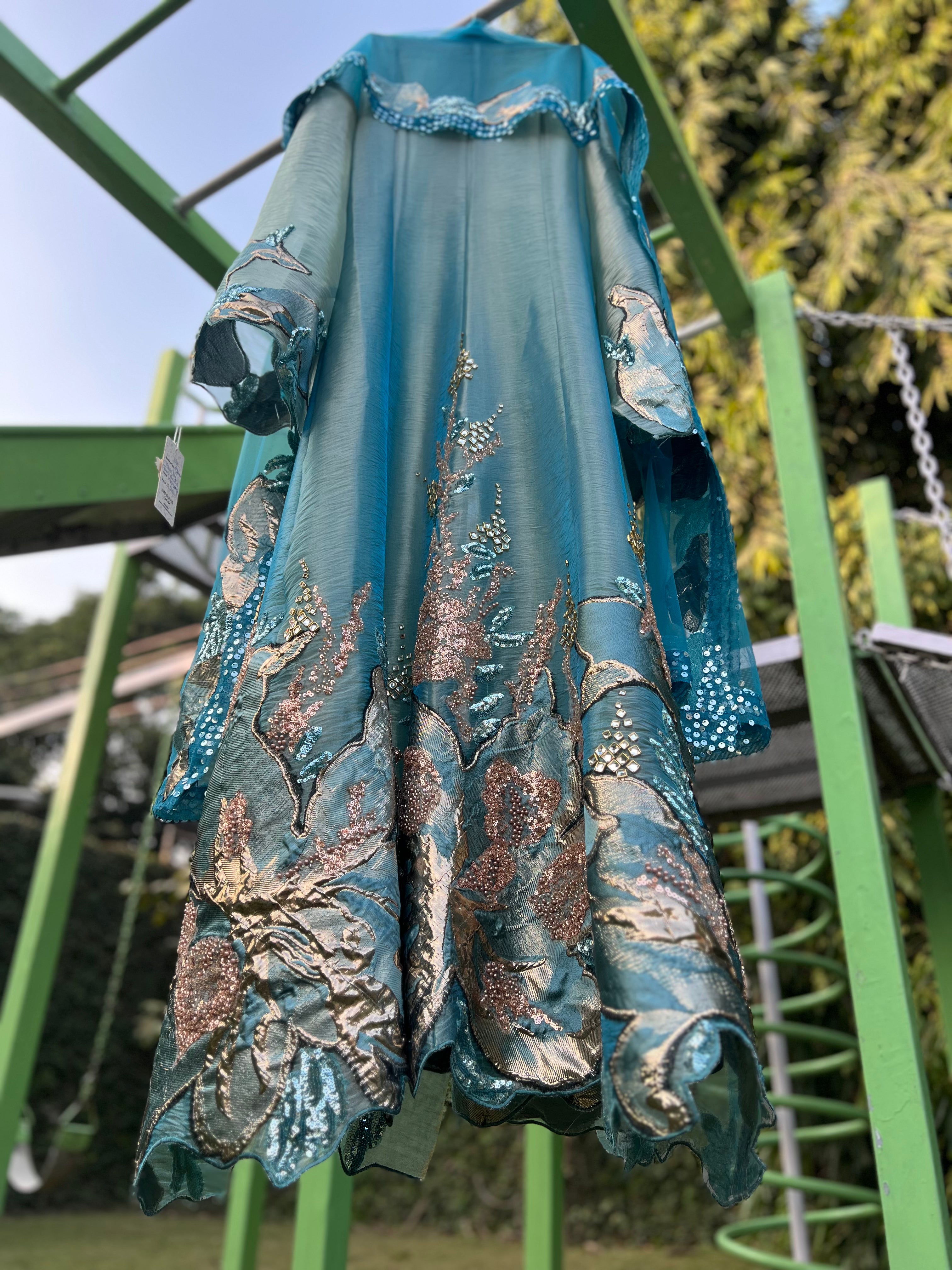 Blue Organza Tissue Big Flower Anarkali