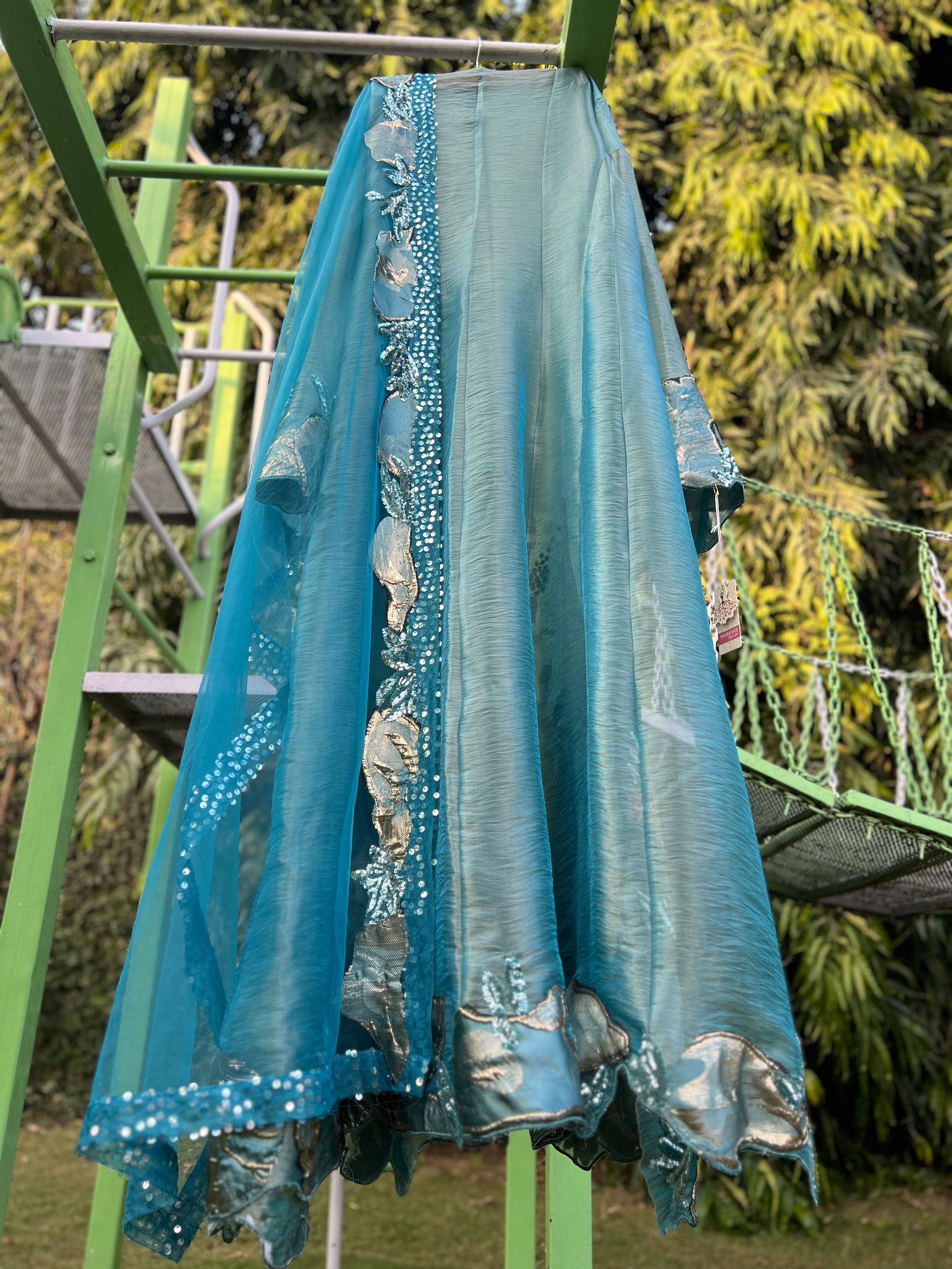 Blue Organza Tissue Big Flower Anarkali