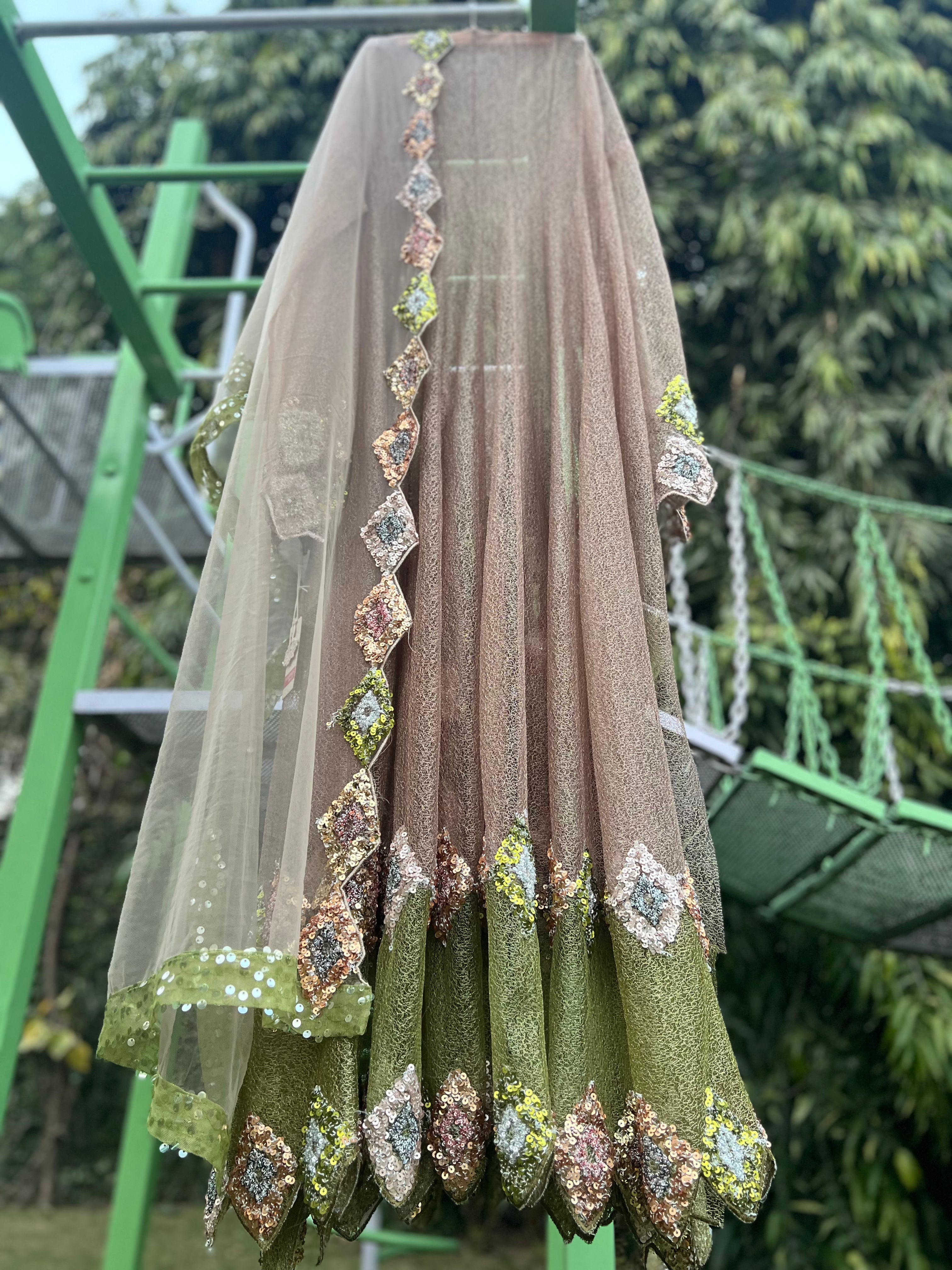 Gold Green Mesh Splash Cutdana Diamond Anarkali