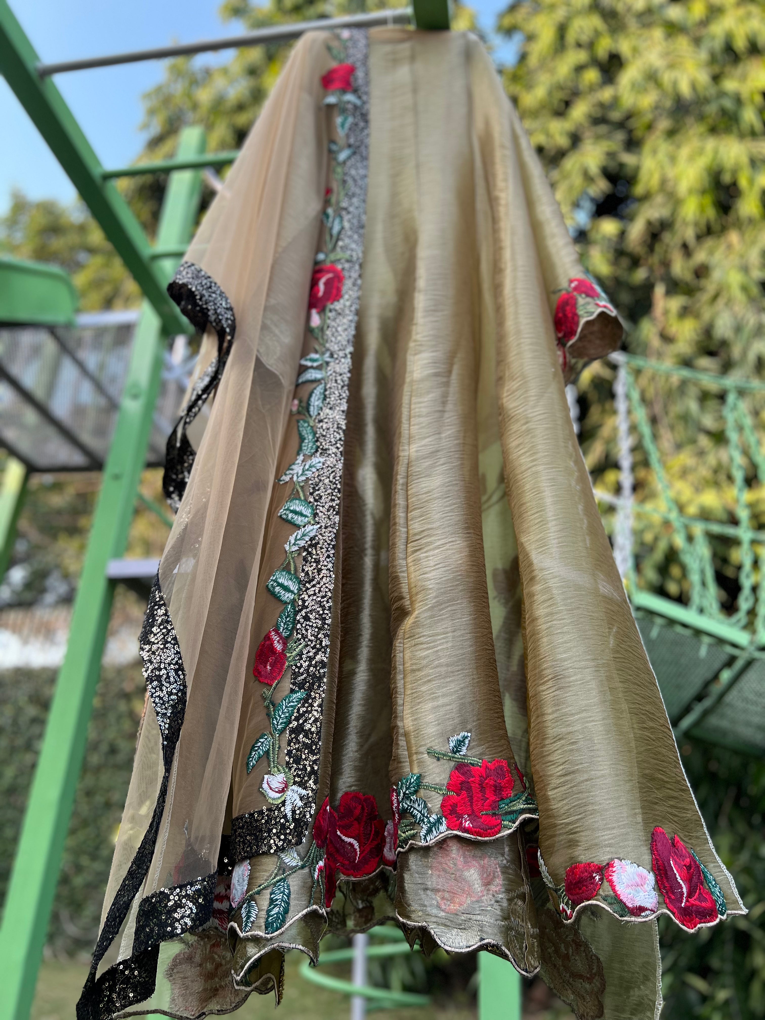 Brown Gold Organza Tissue Black Net Pleated Anarkali