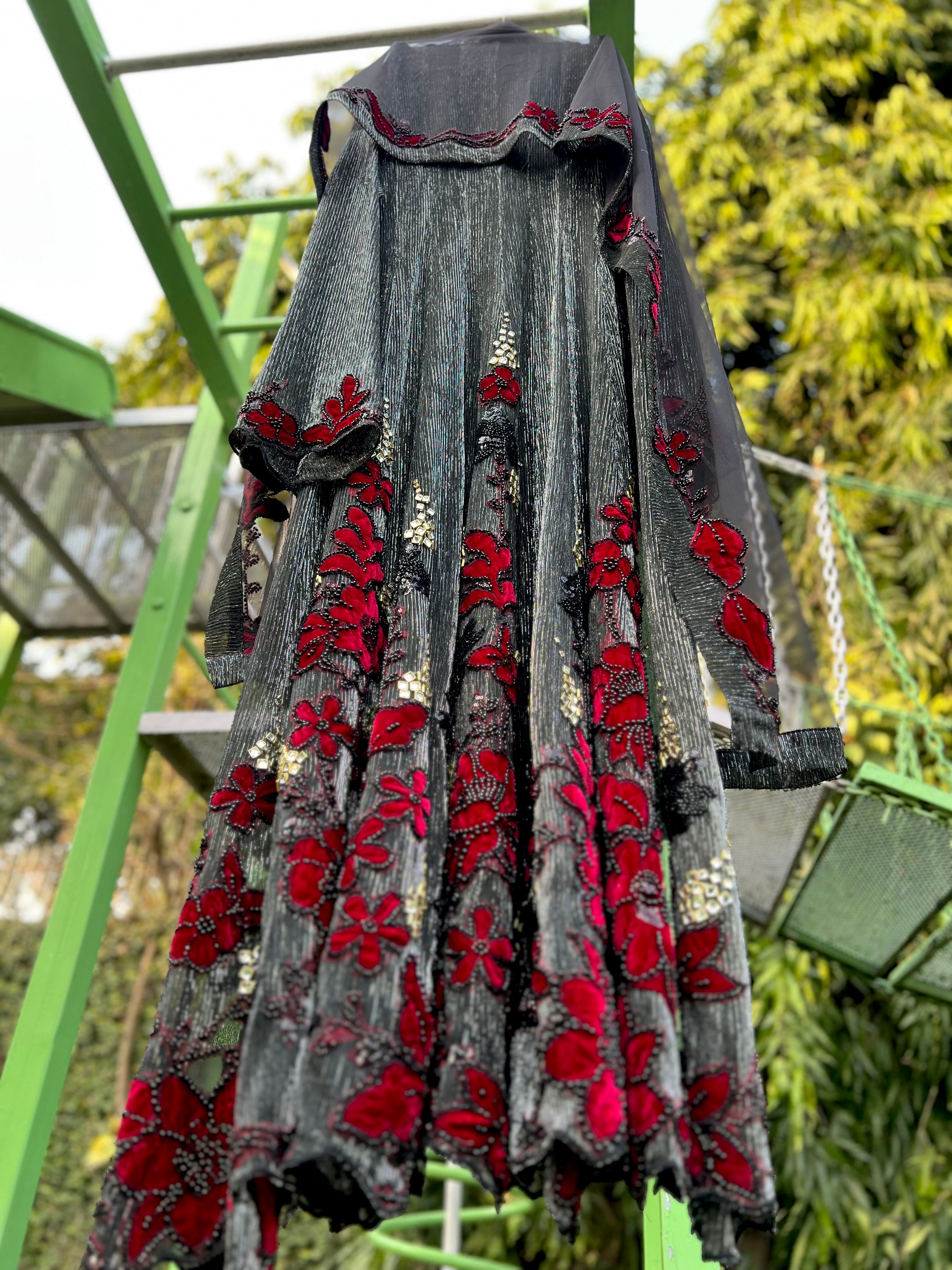 Grey Silver Pleated Red Velvet Flowers Anarkali