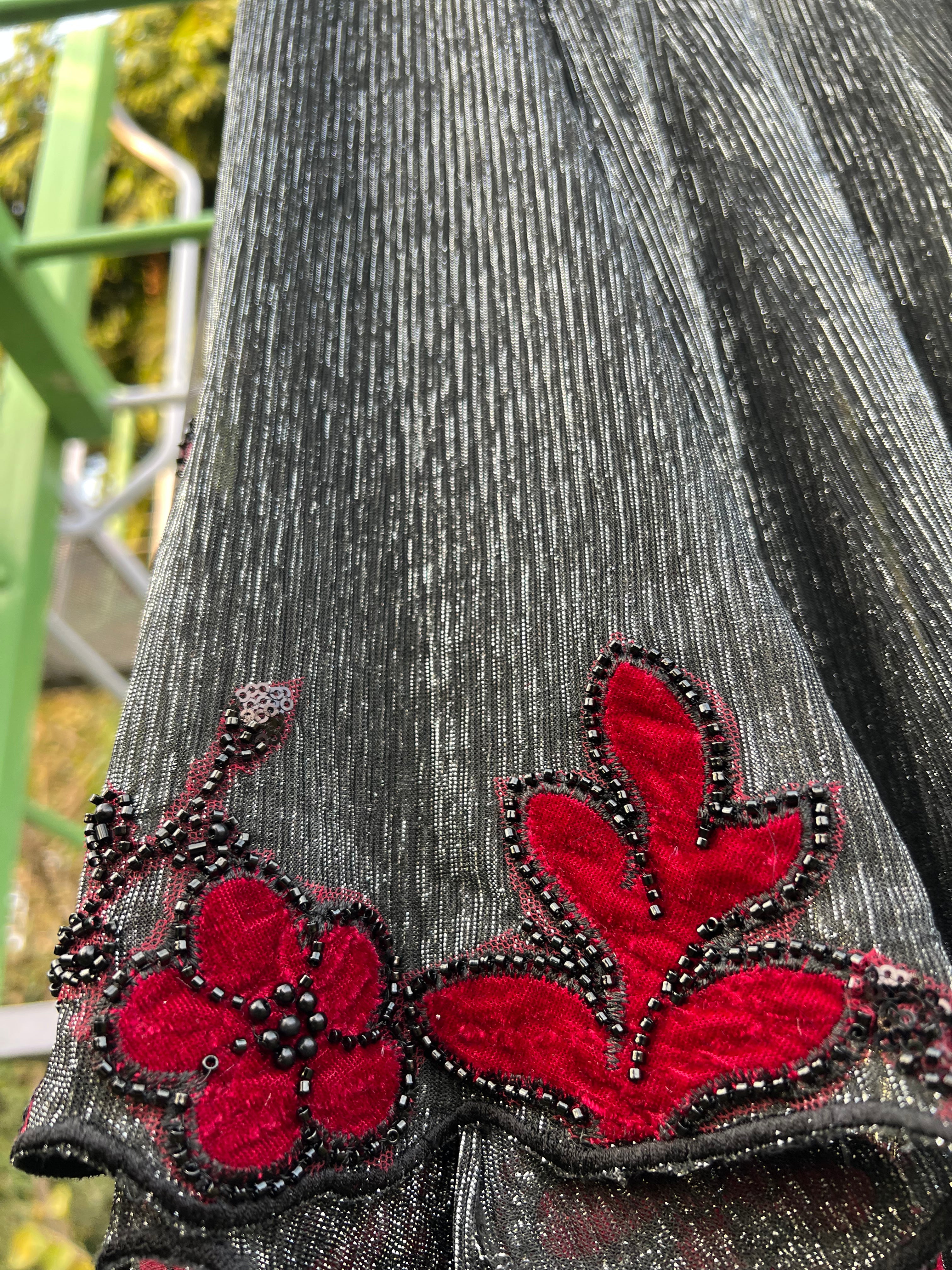 Grey Silver Pleated Red Velvet Flowers Anarkali