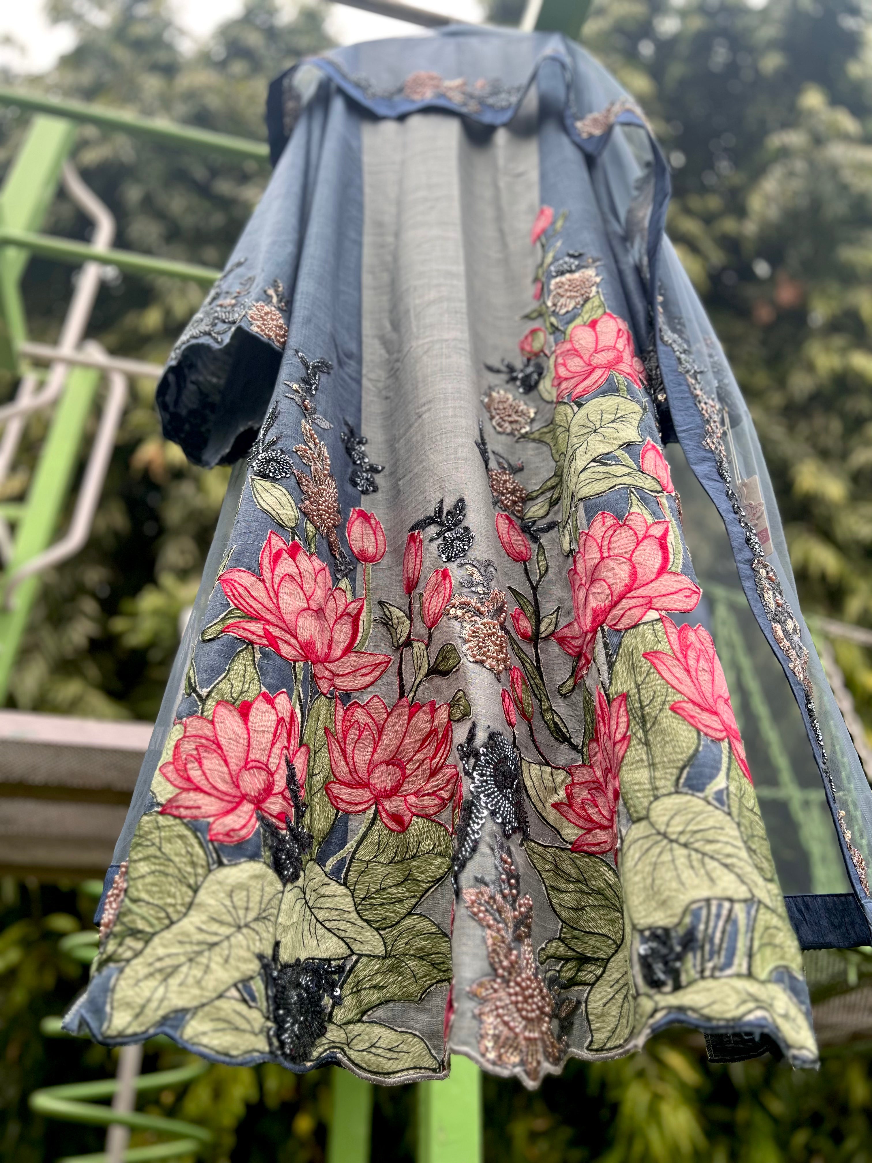 Dual Blue Pink Floral Khadi Panel