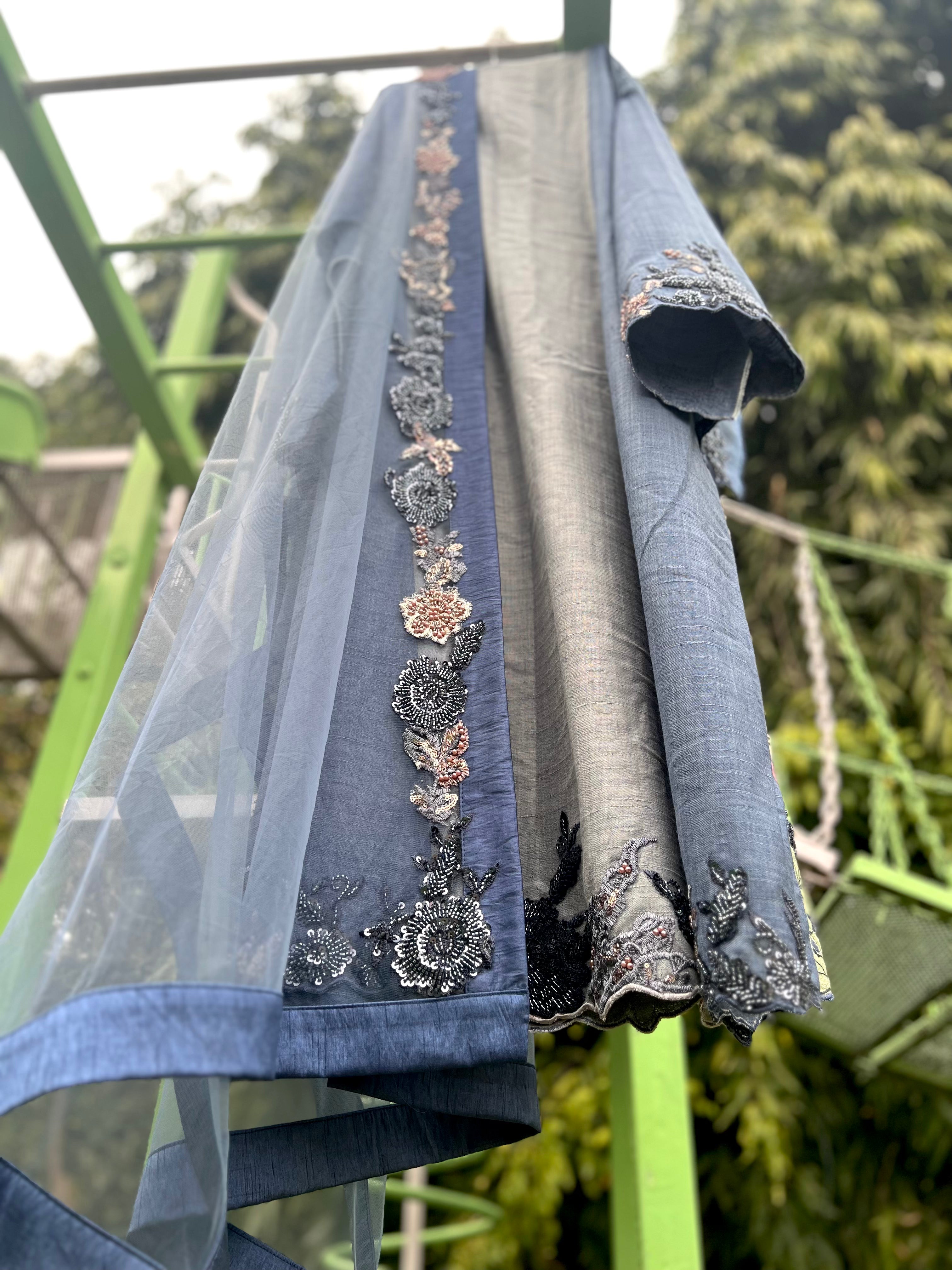 Dual Blue Pink Floral Khadi Panel