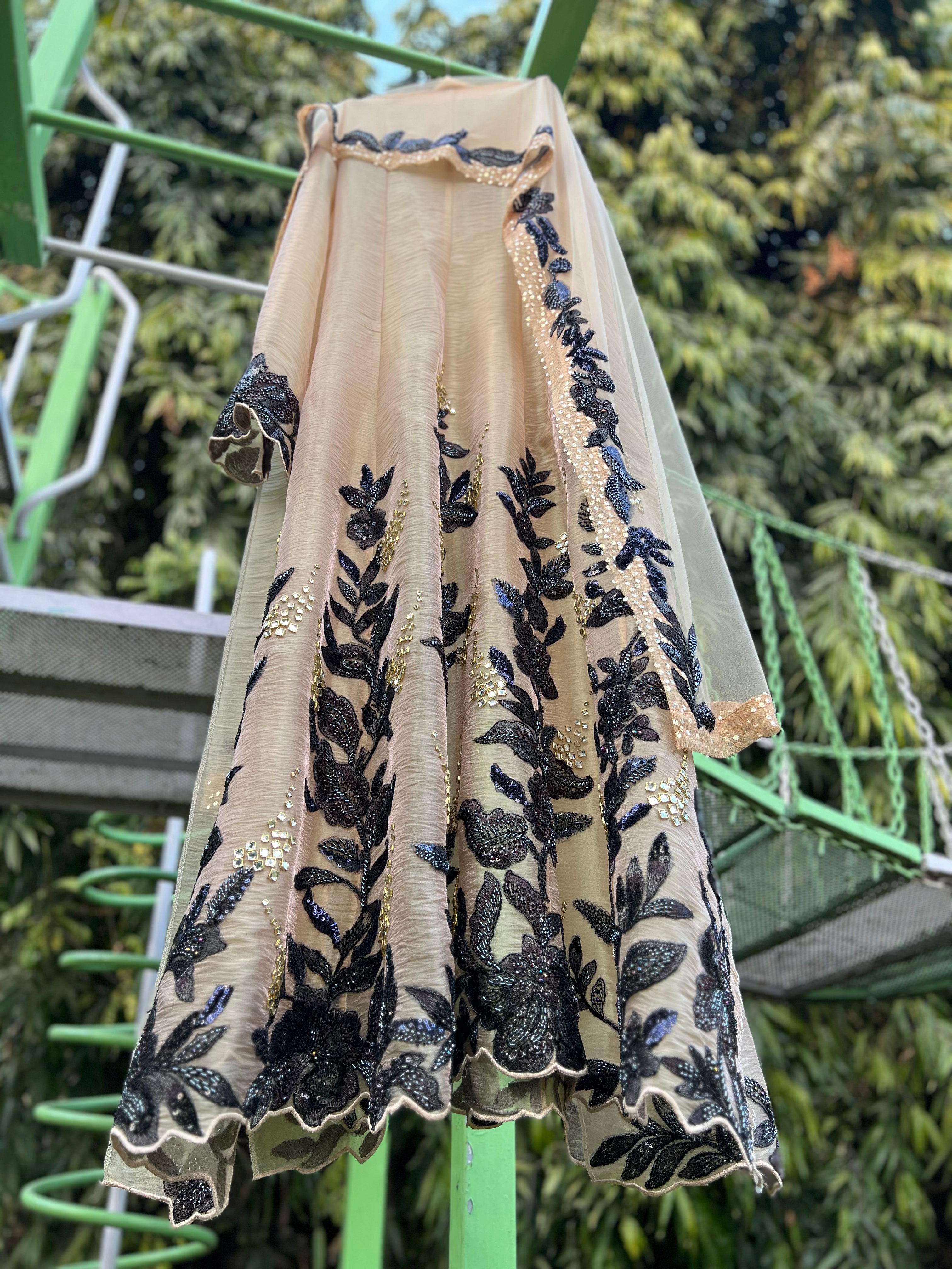 Light Gold Organza Tissue Navy Kali Embroidery Anarkali