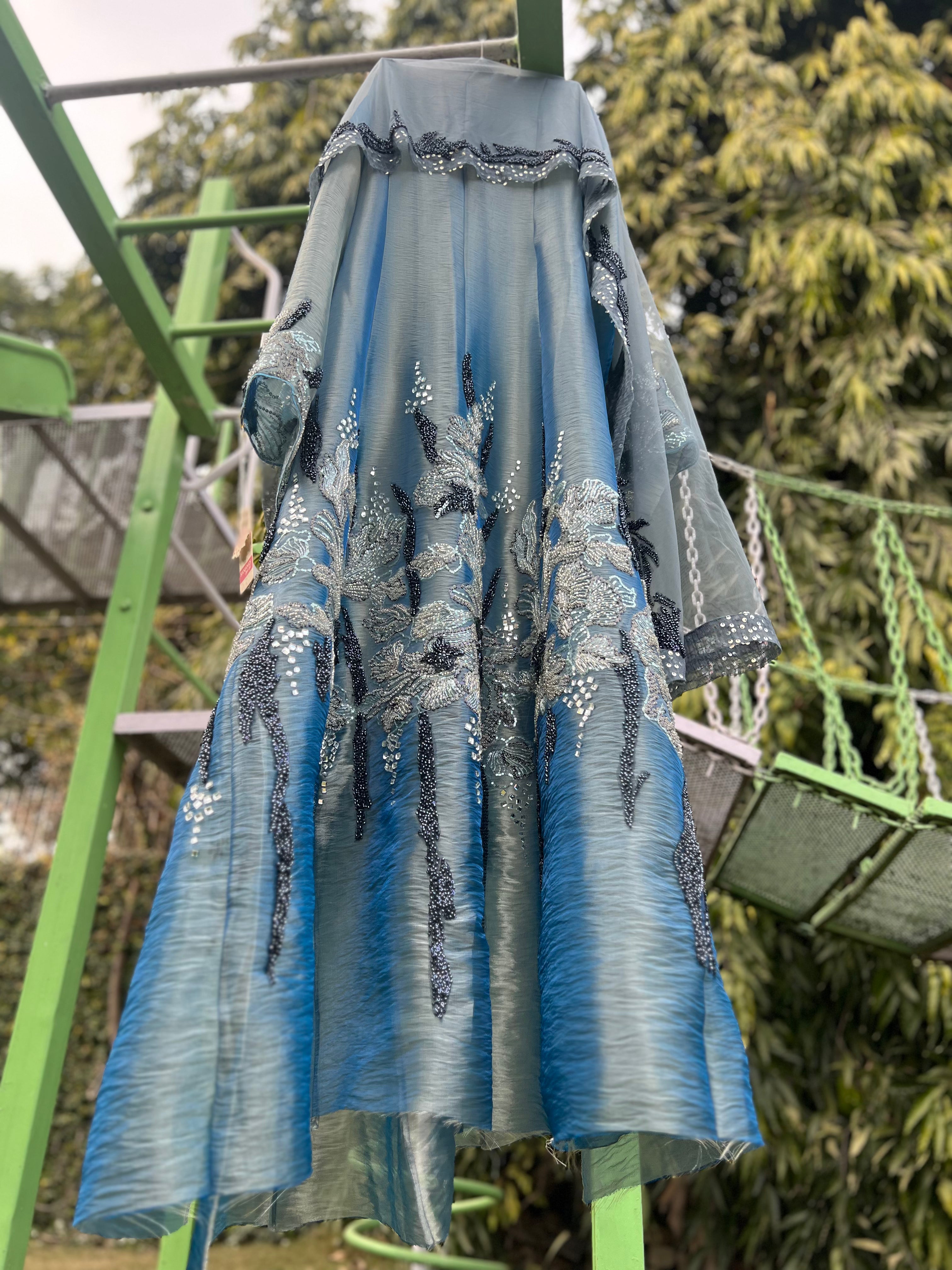 Cobalt Blue Organza Tissue Cutdana Anarkali