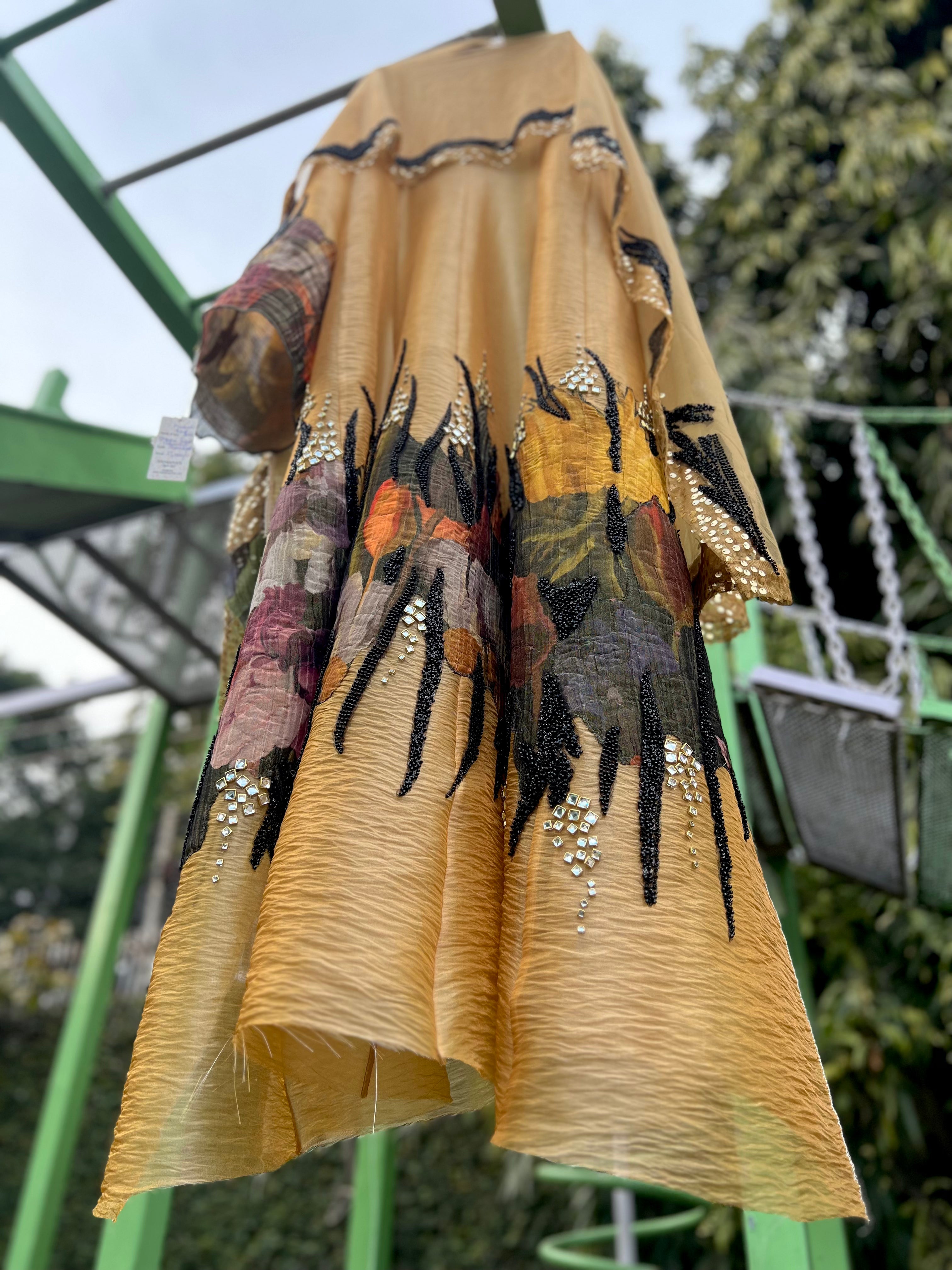 Mustard Black Print Organza Tissue Anarkali