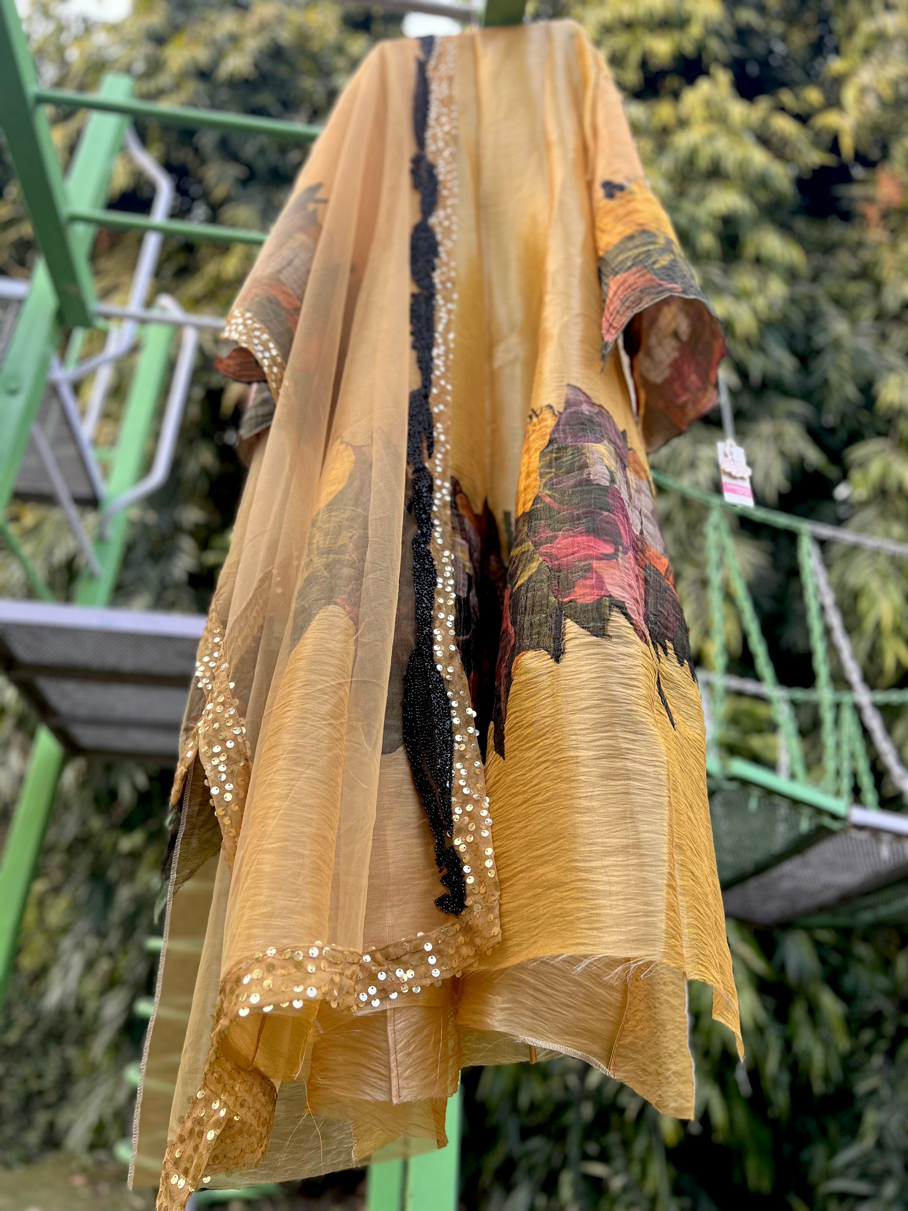 Mustard Black Print Organza Tissue Anarkali