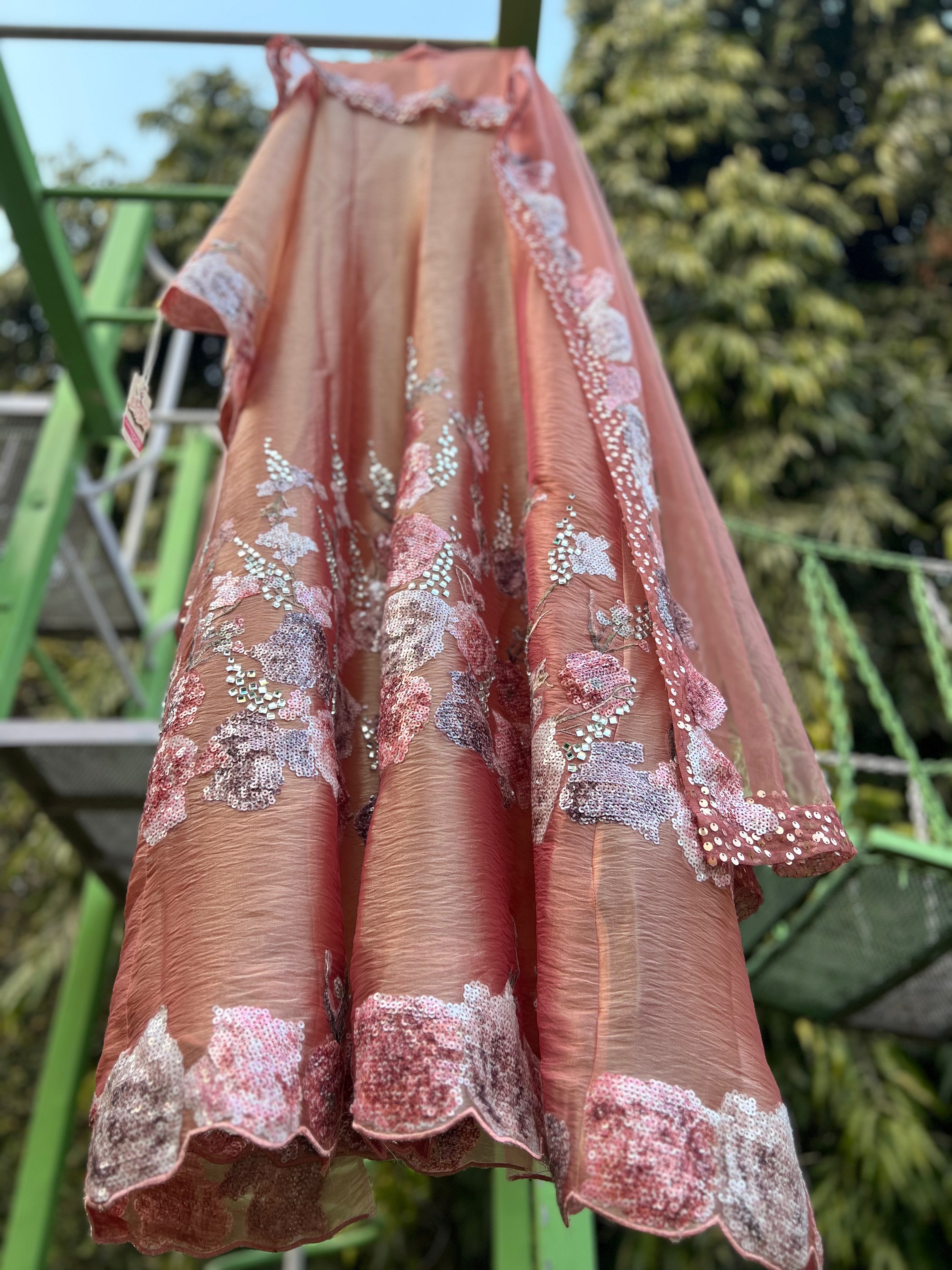 Peachy Pink Organza Tissue Print Sequin Anarkali