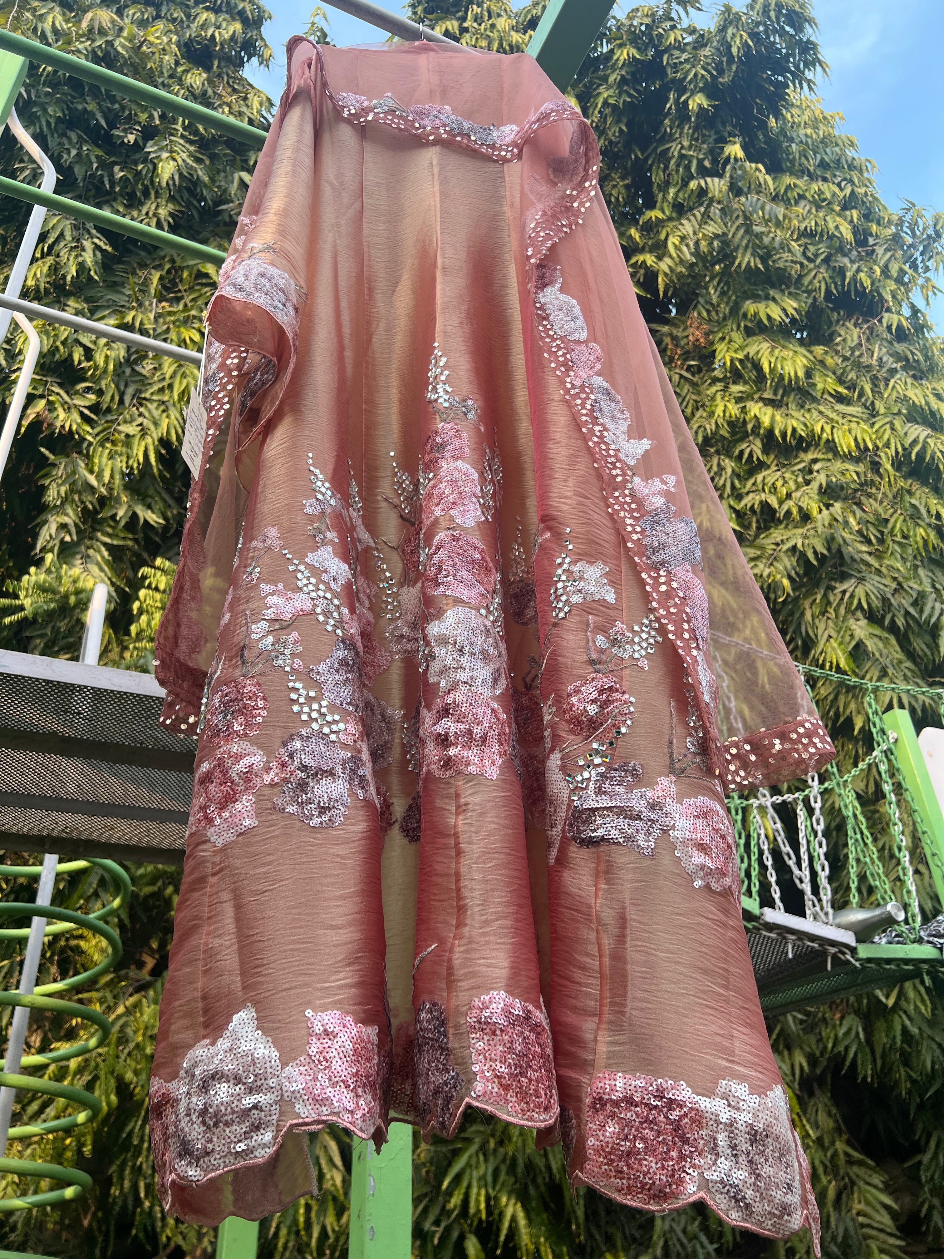 Peachy Pink Organza Tissue Print Sequin Anarkali