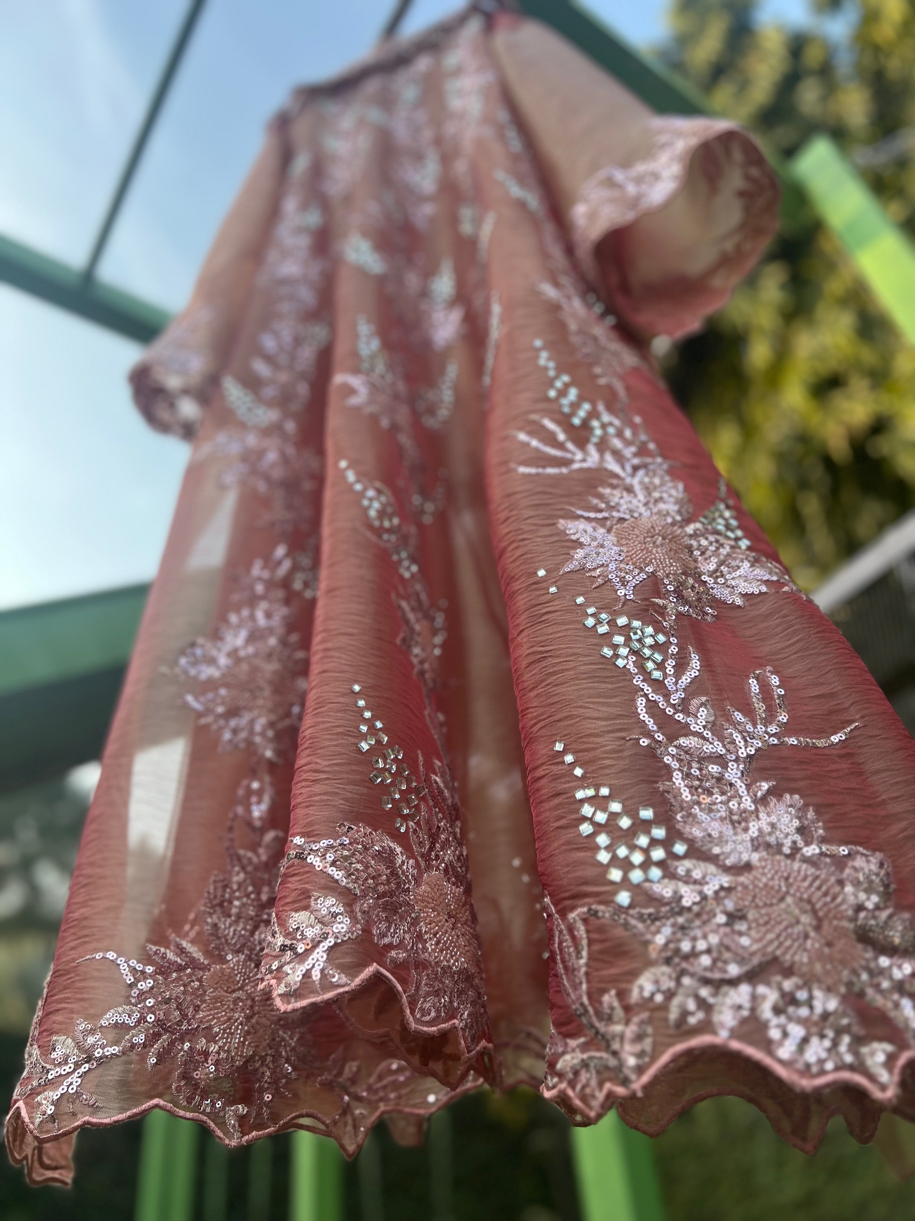 Peachy Pink Full Kali Monotone Organza Tissue Anarkali