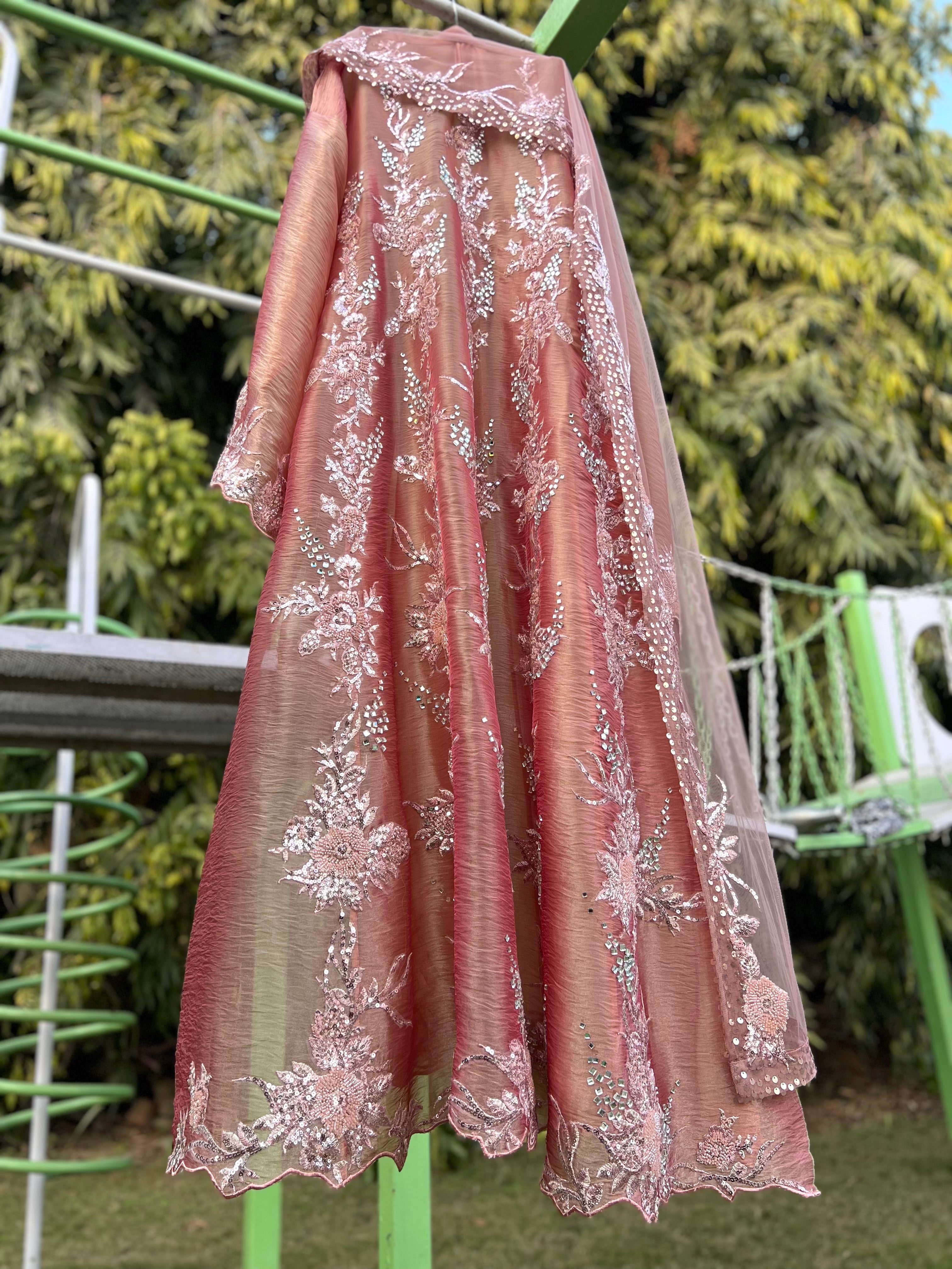 Peachy Pink Full Kali Monotone Organza Tissue Anarkali