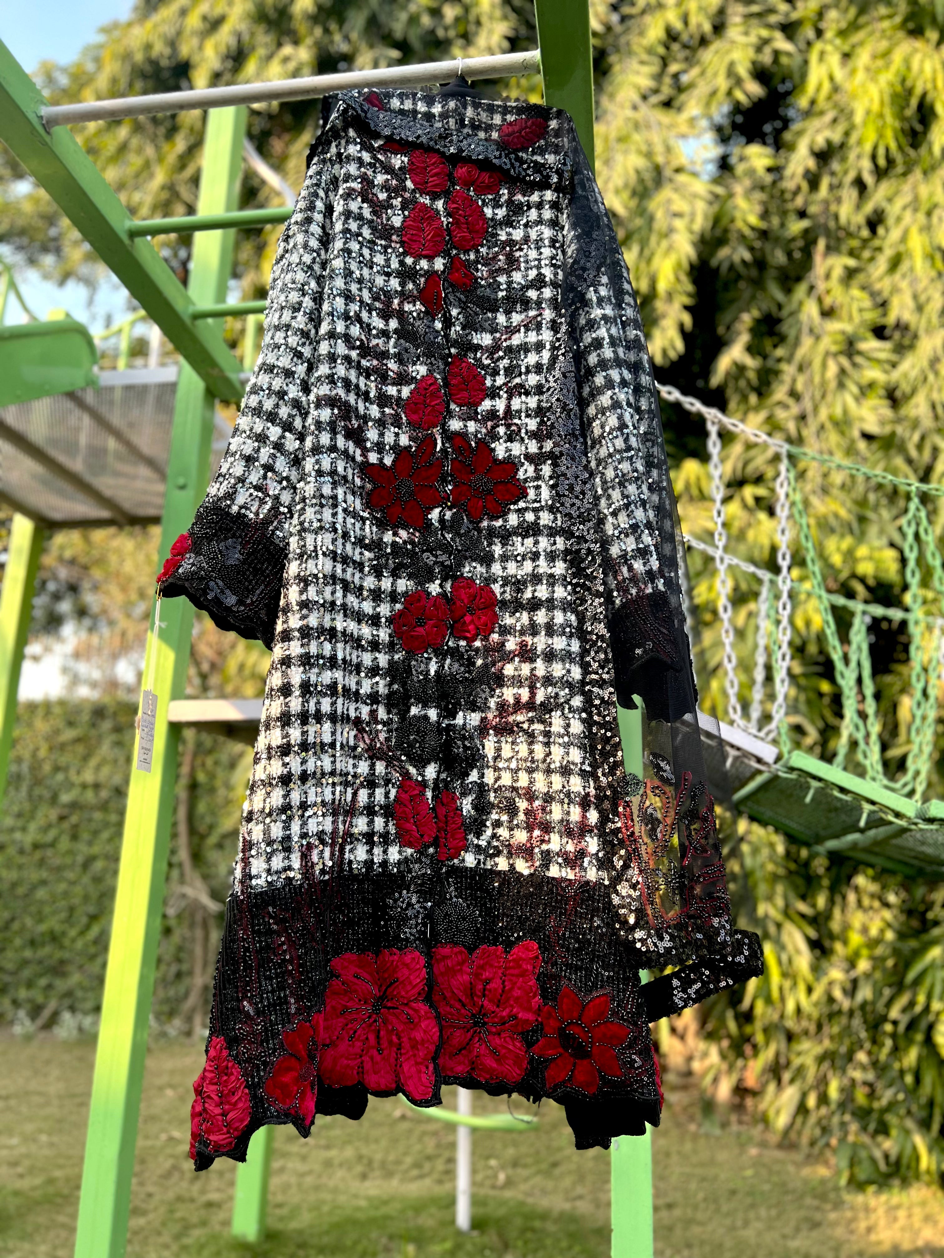 Black White Tweed Black Border Red Velvet Flower Jacket