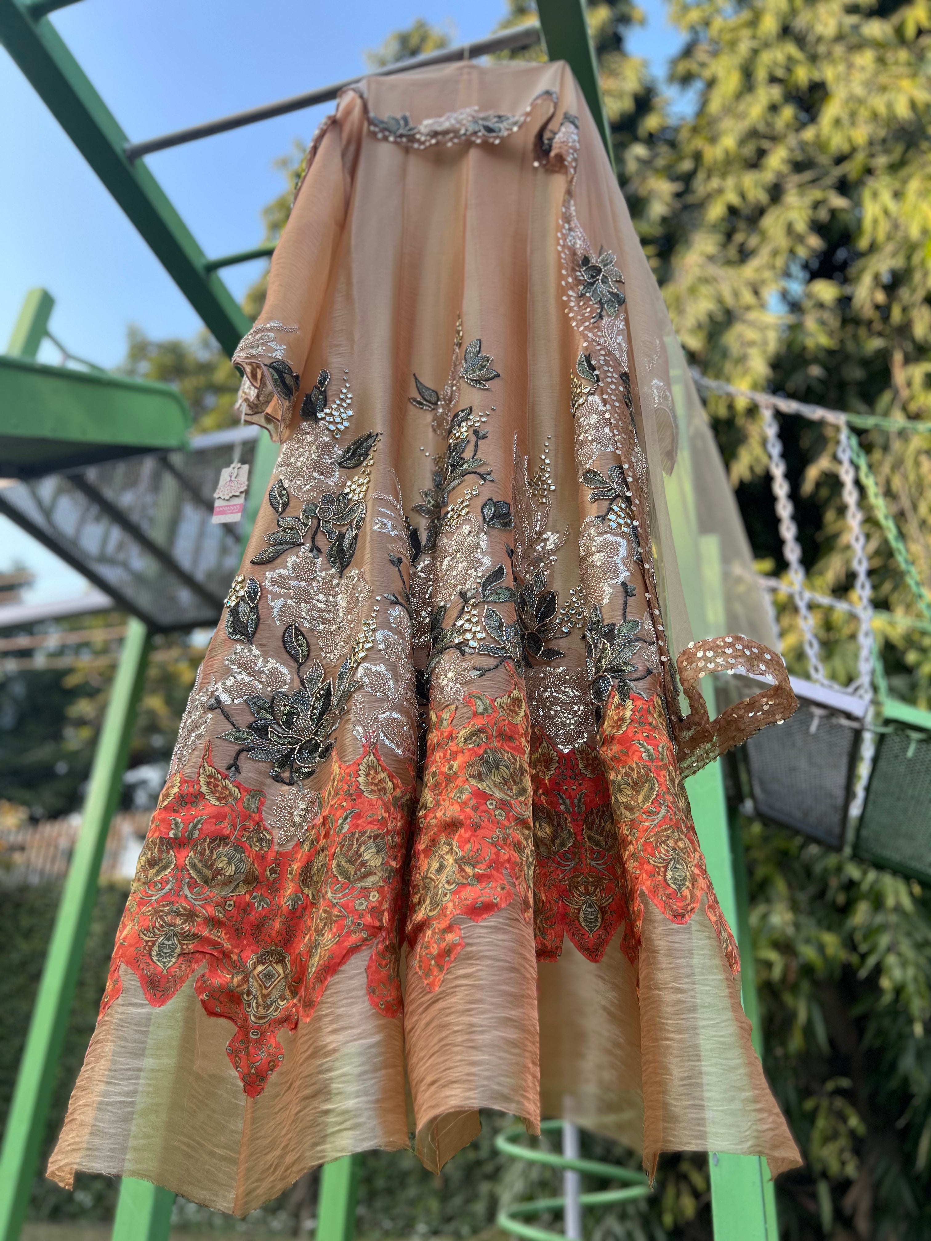 Light Orange Olive Print Border Organza Tissue Anarkali