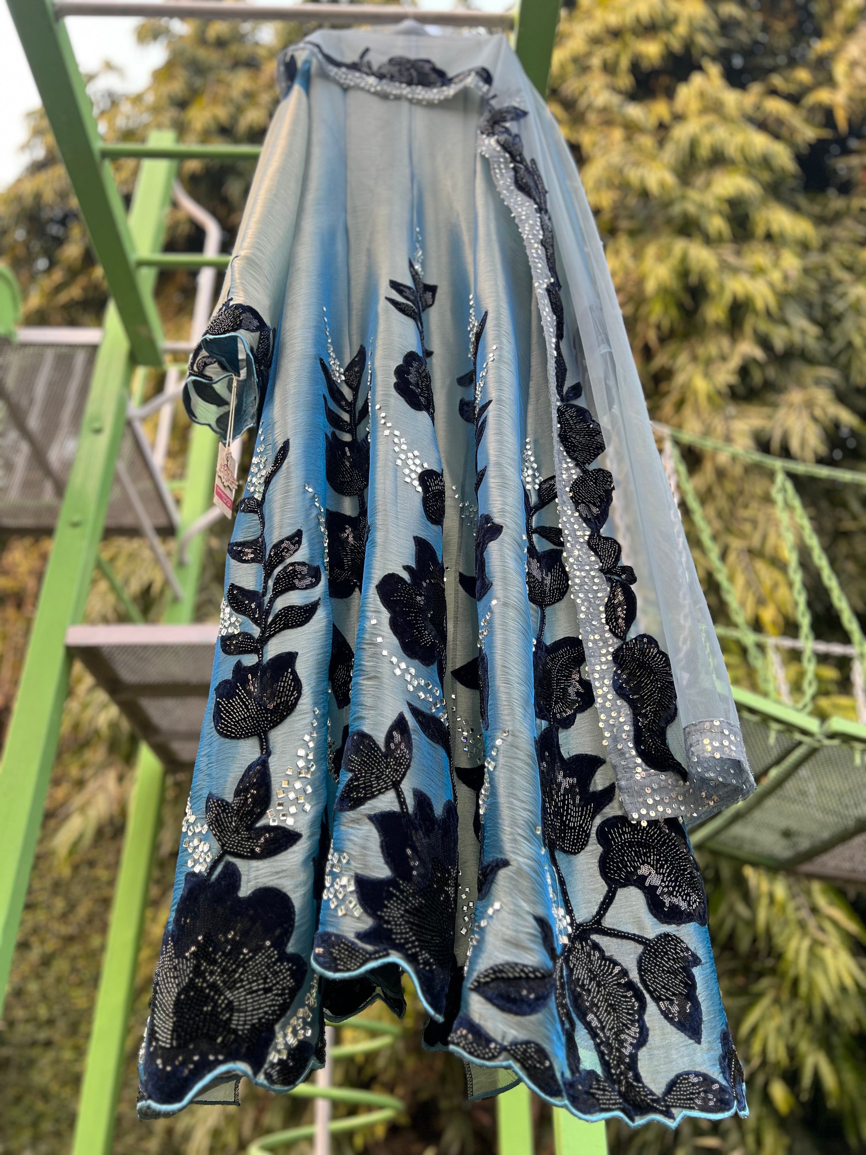 Cobalt Blue Organza Tissue Velvet Kali Anarkali