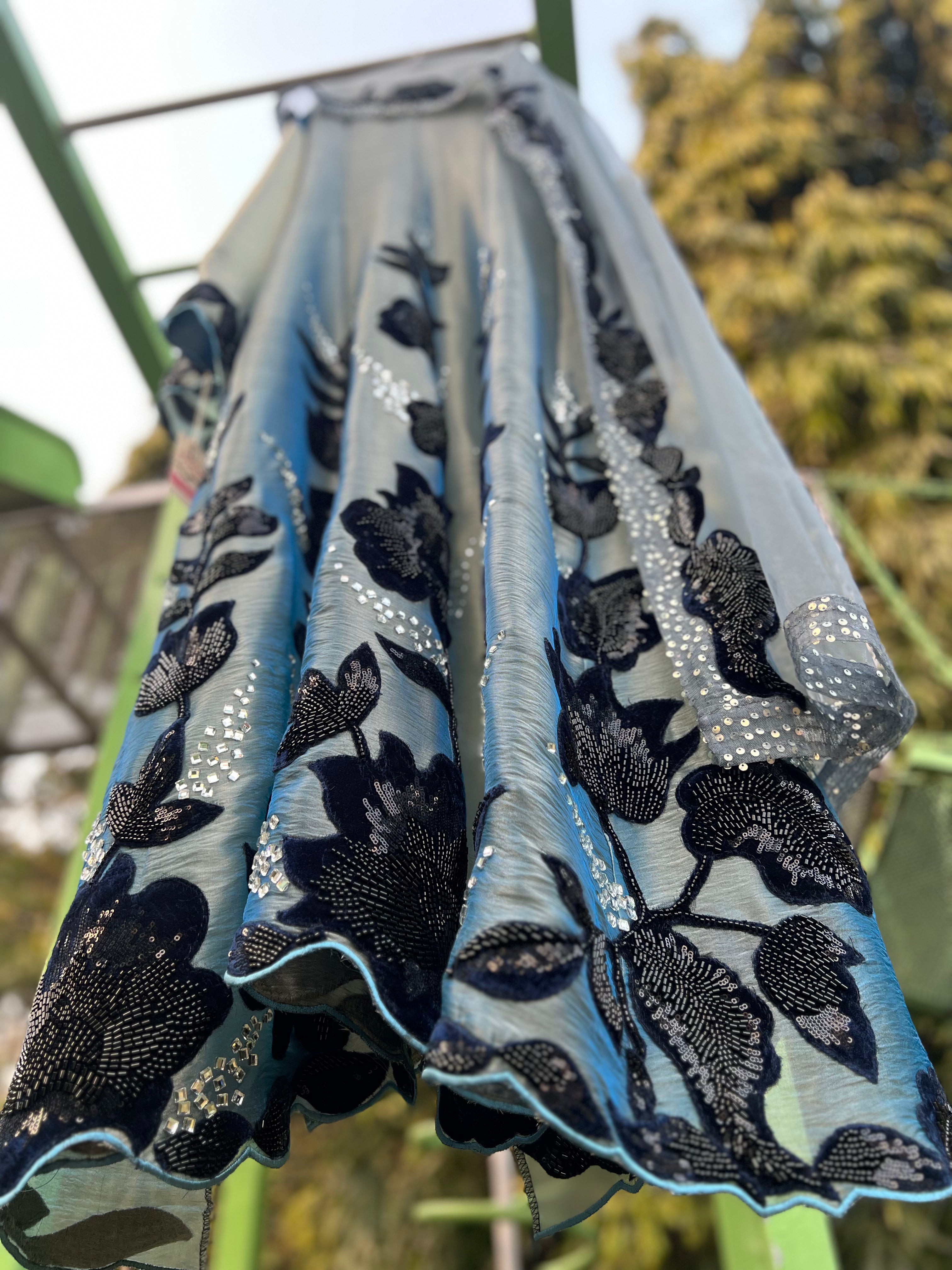 Cobalt Blue Organza Tissue Velvet Kali Anarkali