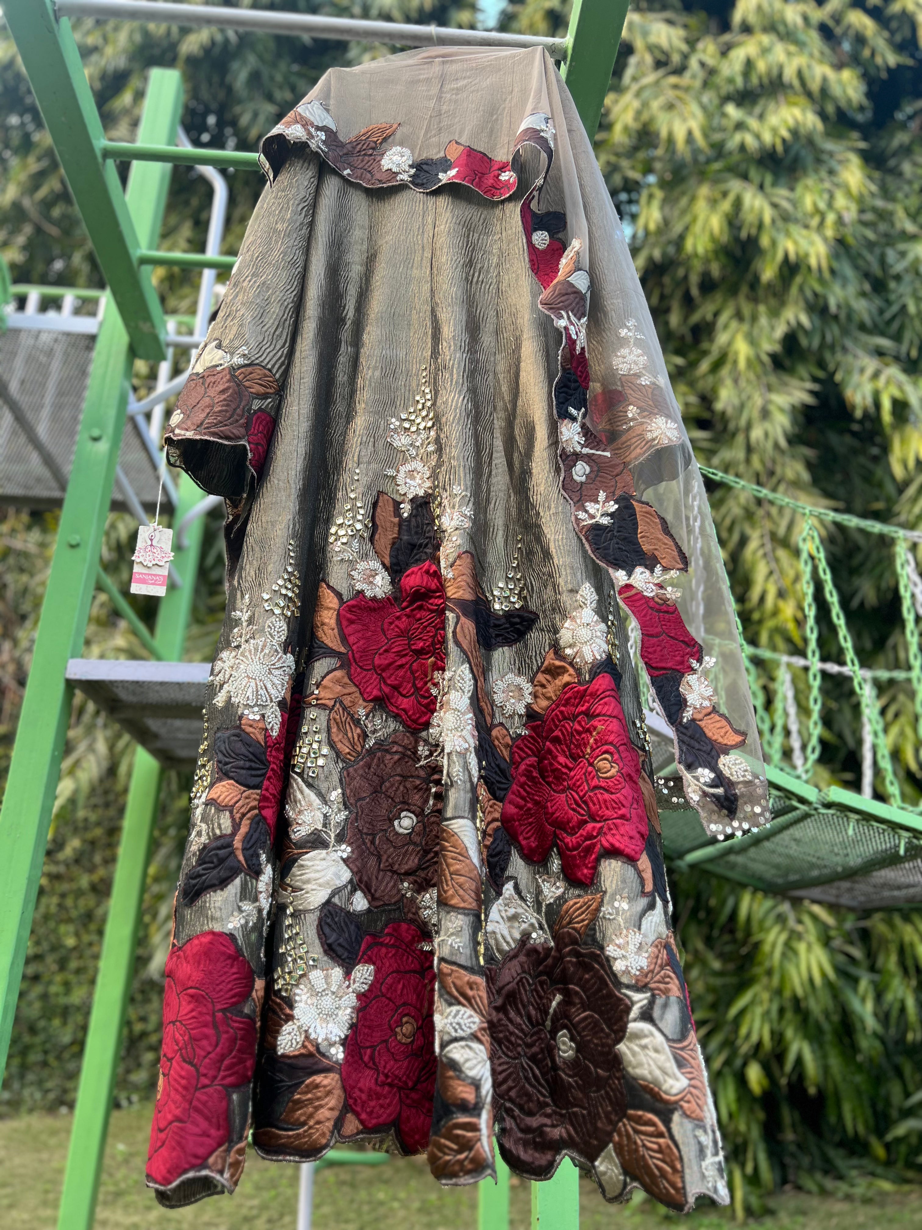 Light Brown Red Brocade Shimmiering Strands Anarkali