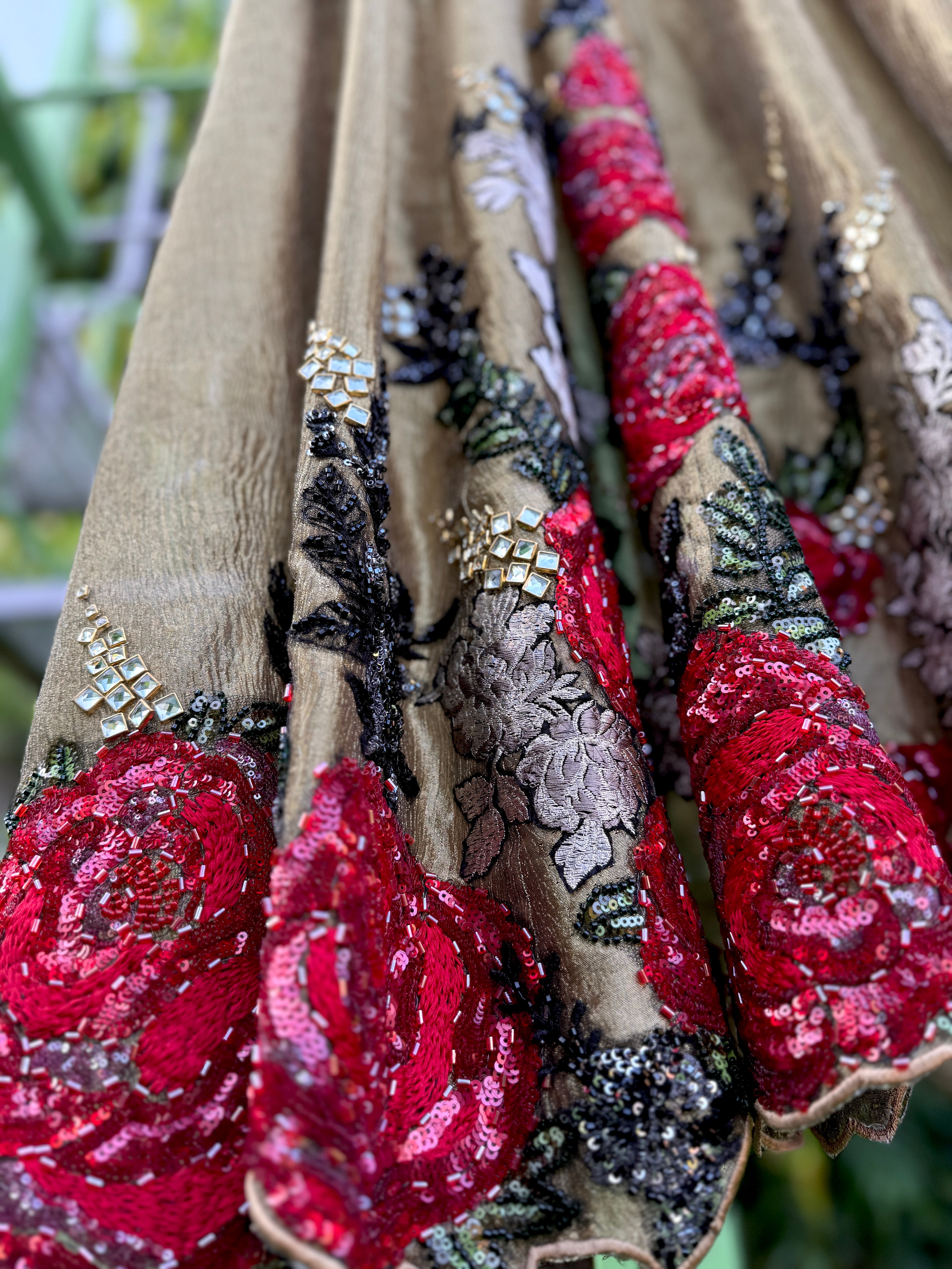 Gold Red Rose Shimmering Strands Anarkali