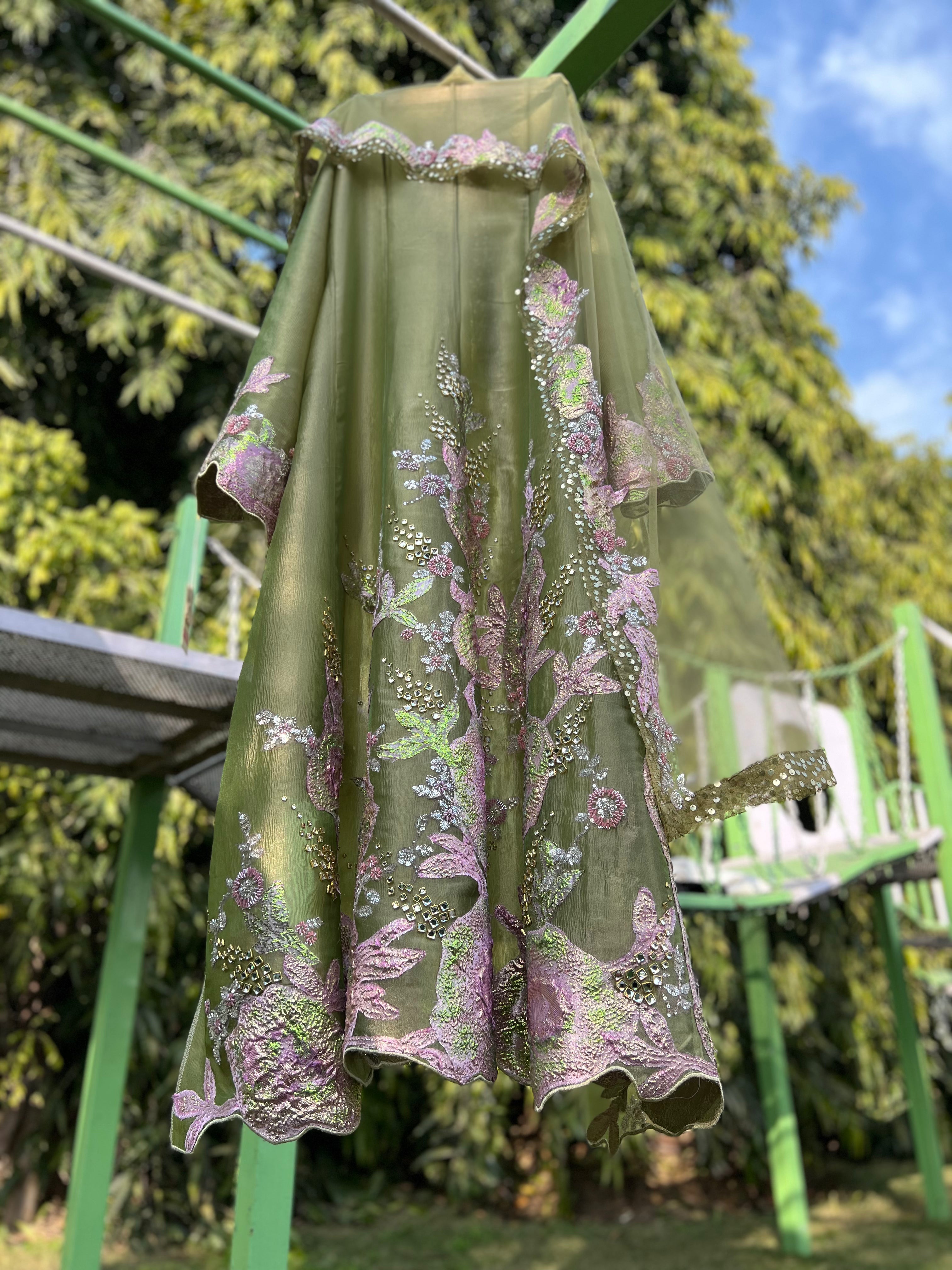 Green Pink Green Brocade Crush Organza Tissue Anarkali