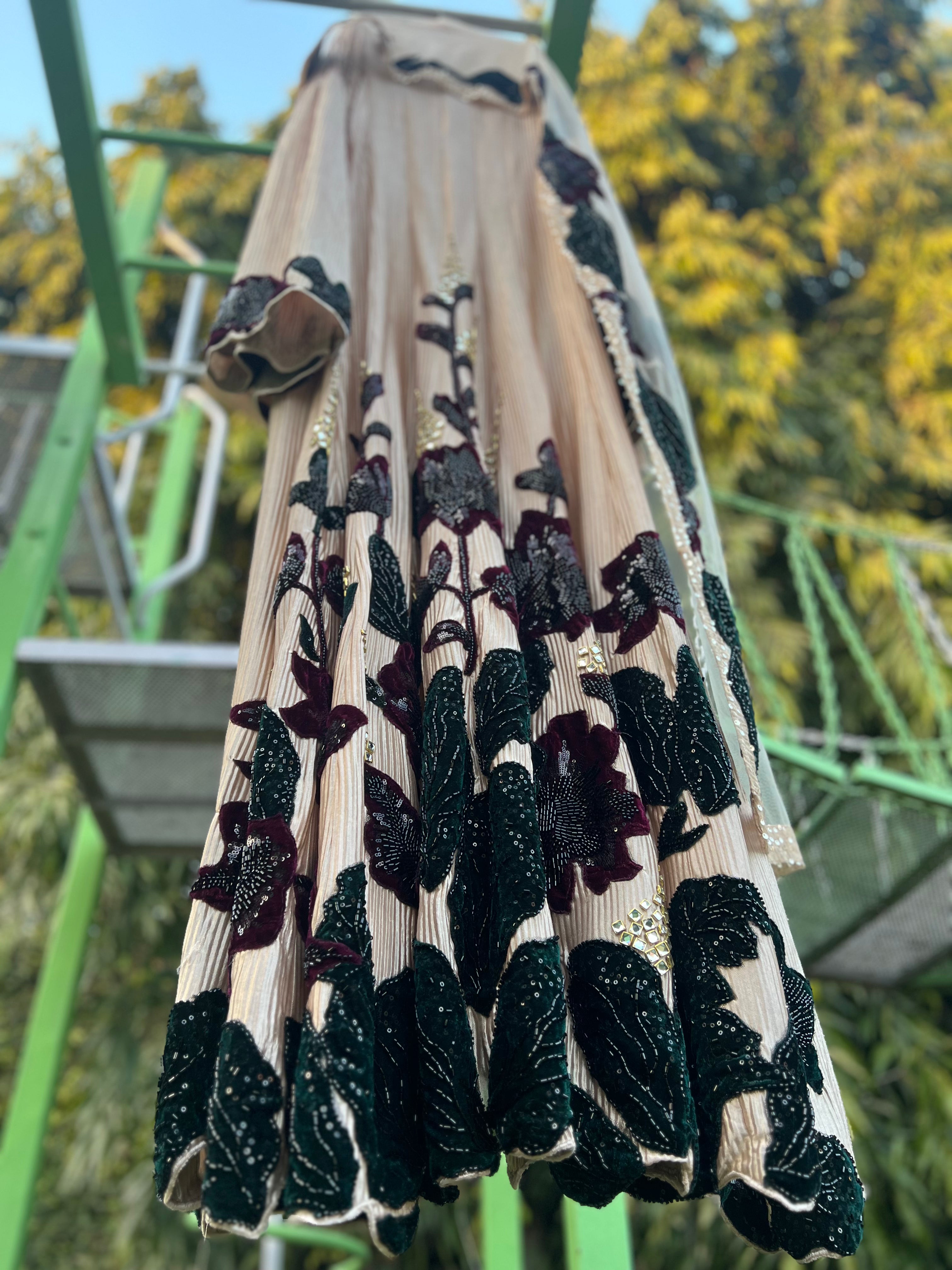 Beige Pleated Maroon Green Floral anarkali