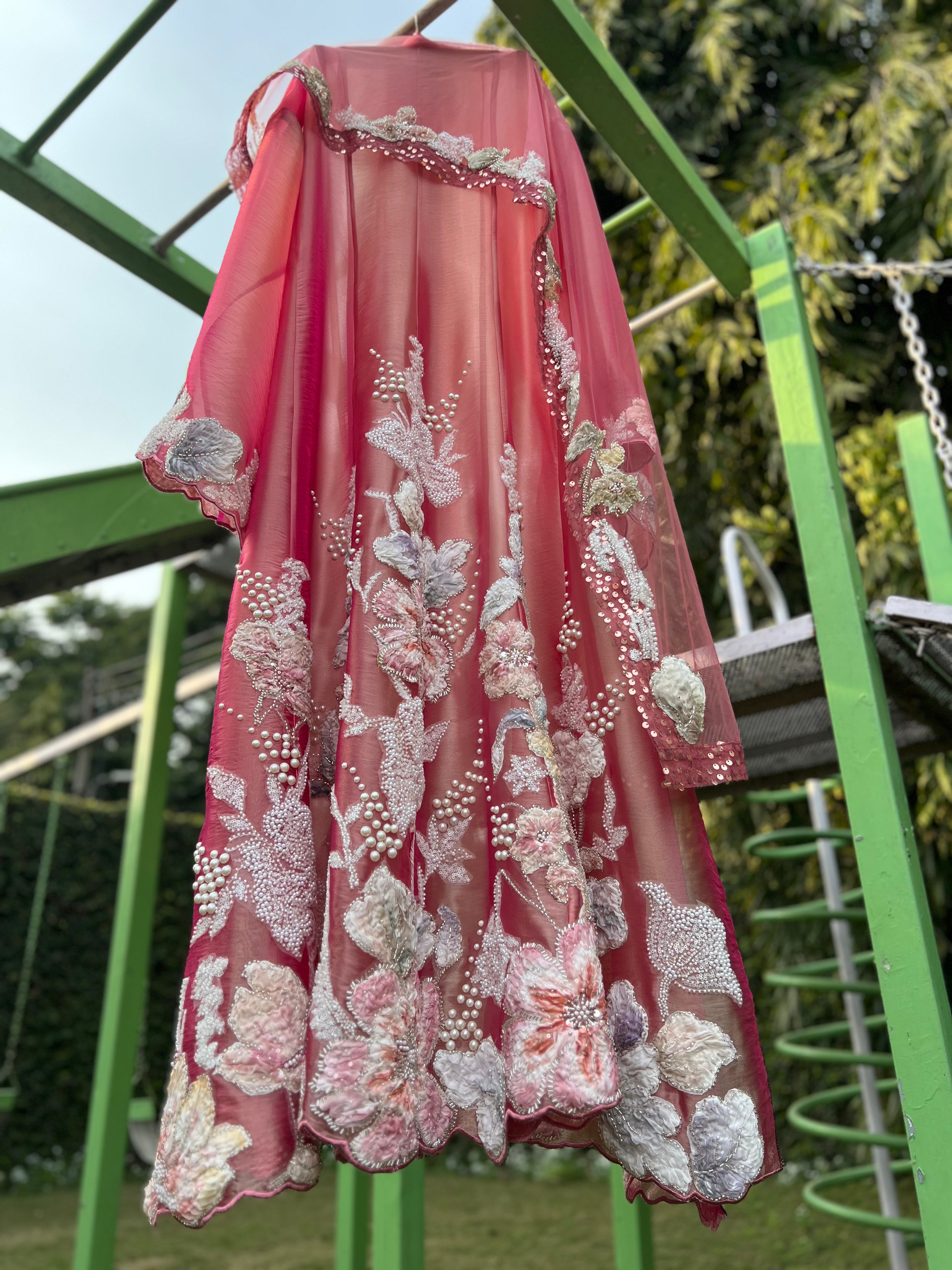Pink Printed Ribbion Organza Tissue Anarkali
