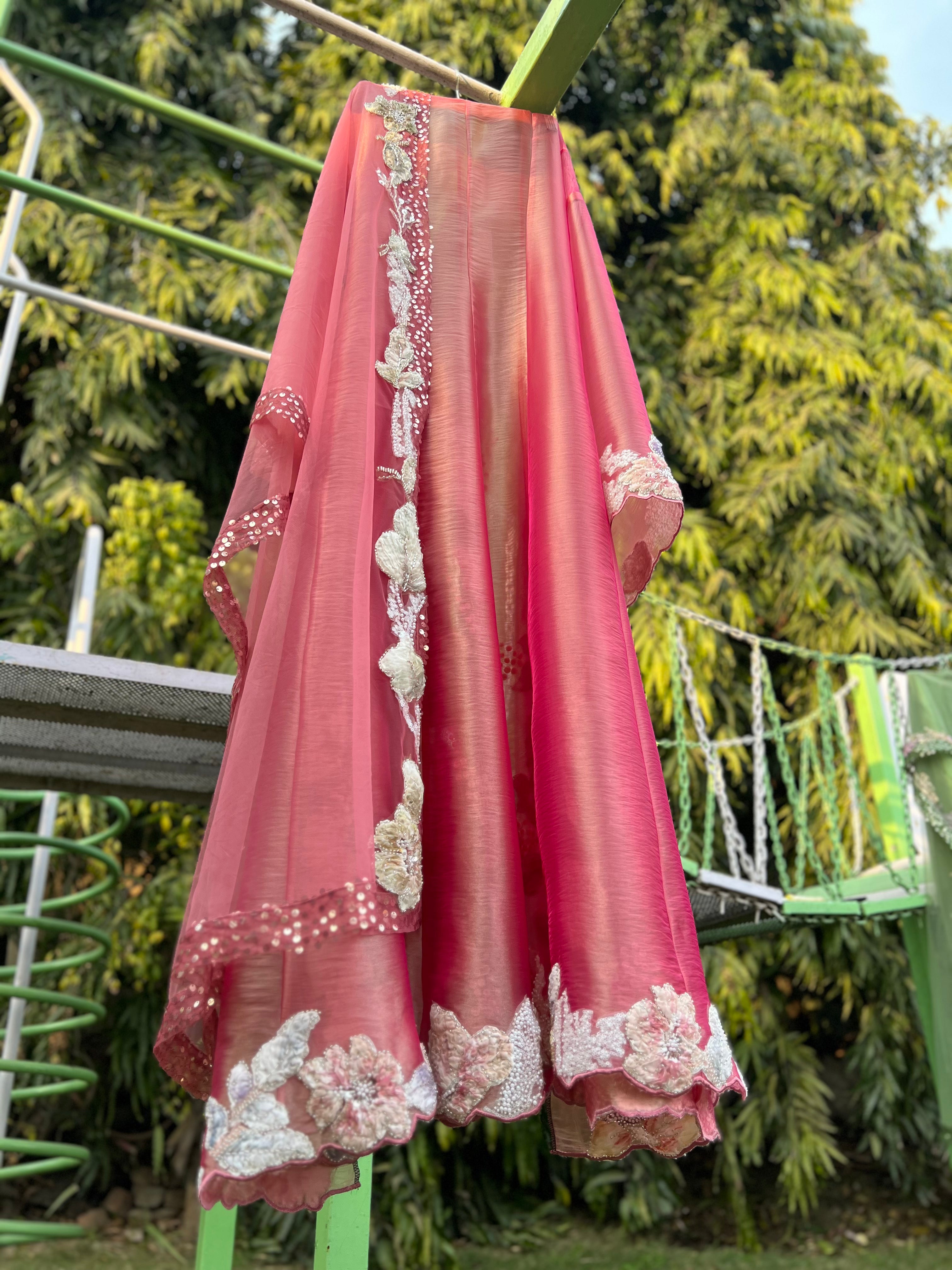 Pink Printed Ribbion Organza Tissue Anarkali
