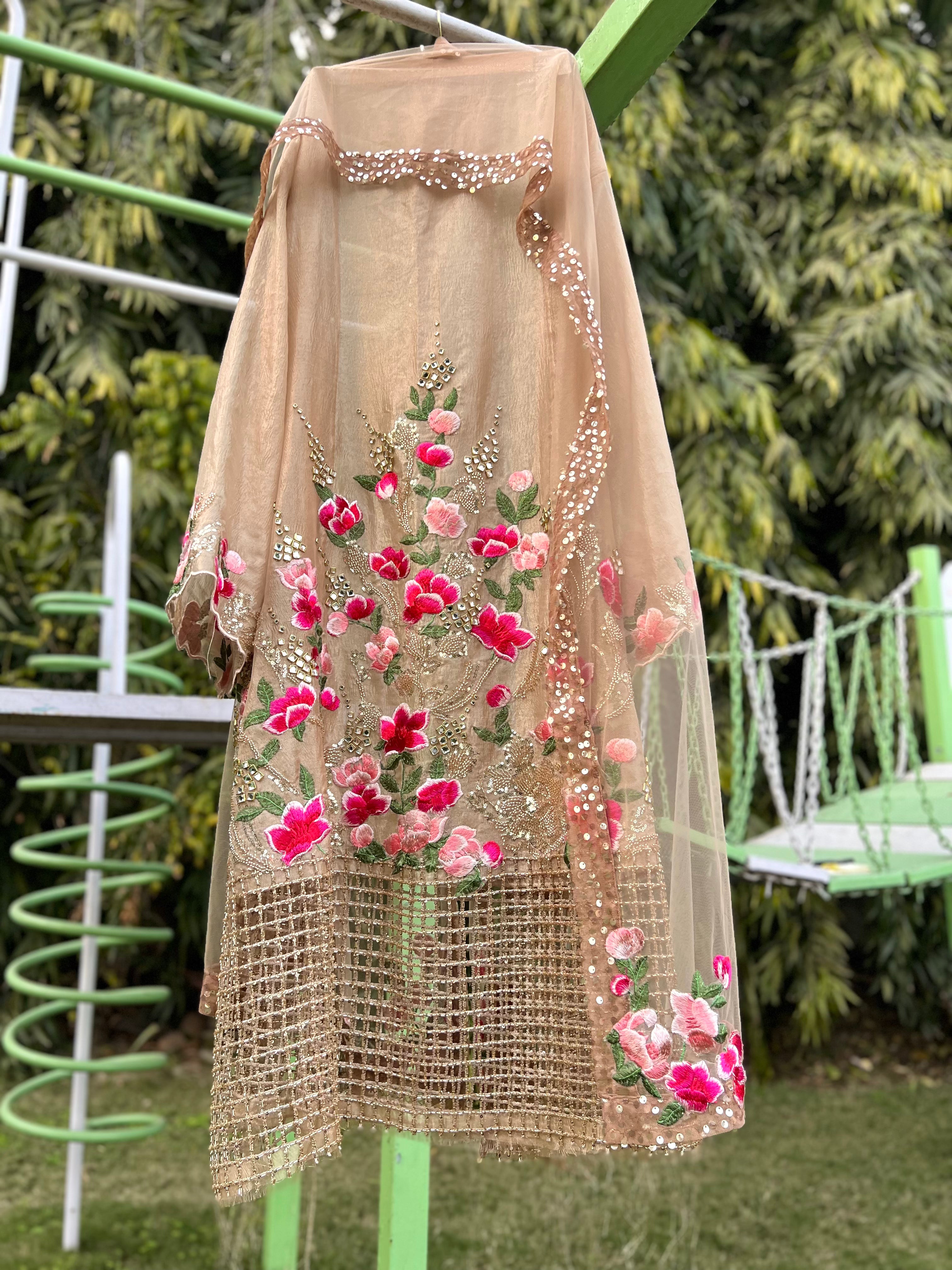 Gold Check Cutdana Rani Floral Aline