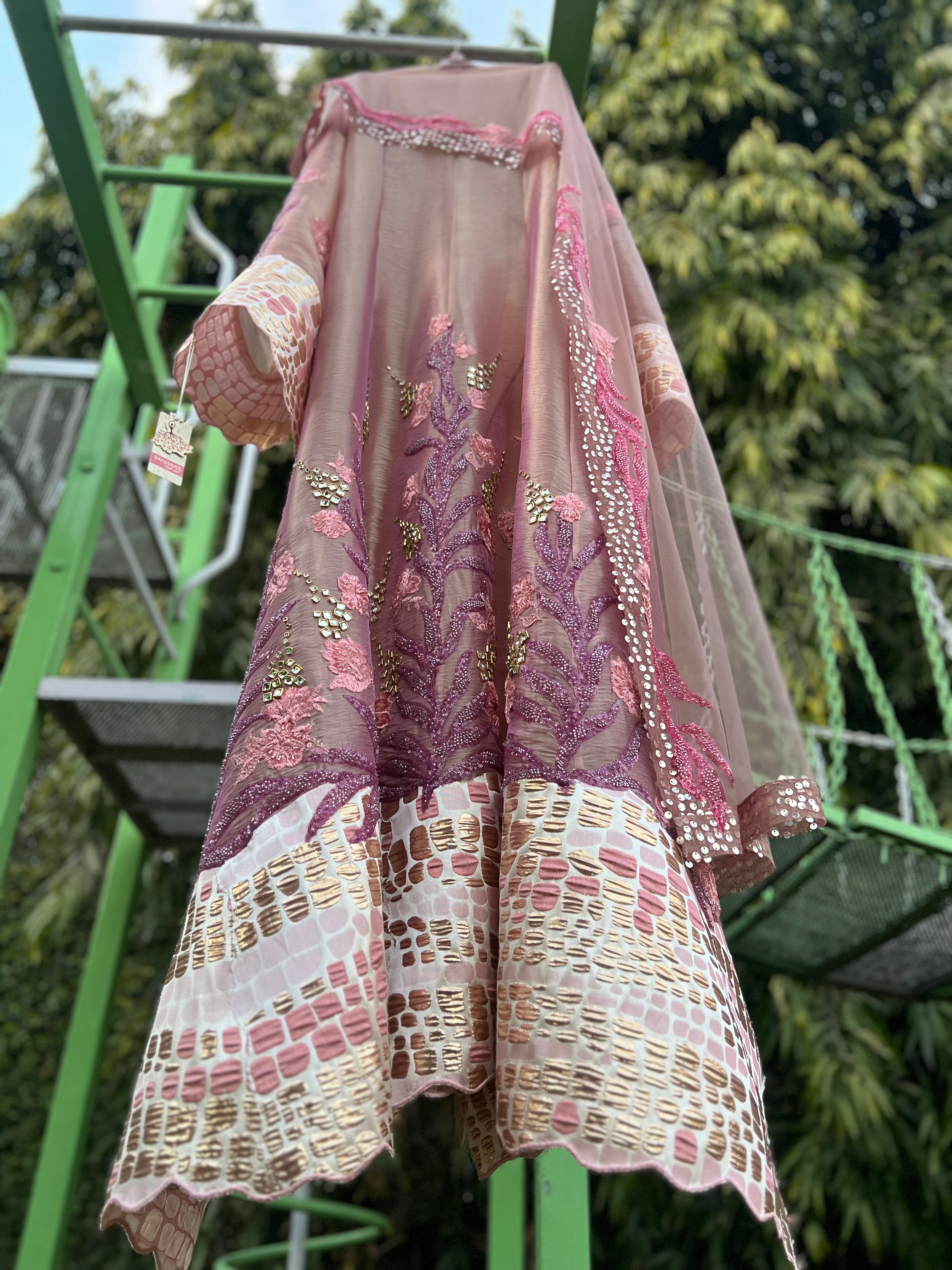 Pink Tissue Organza Dibbi Brocade Anarkali