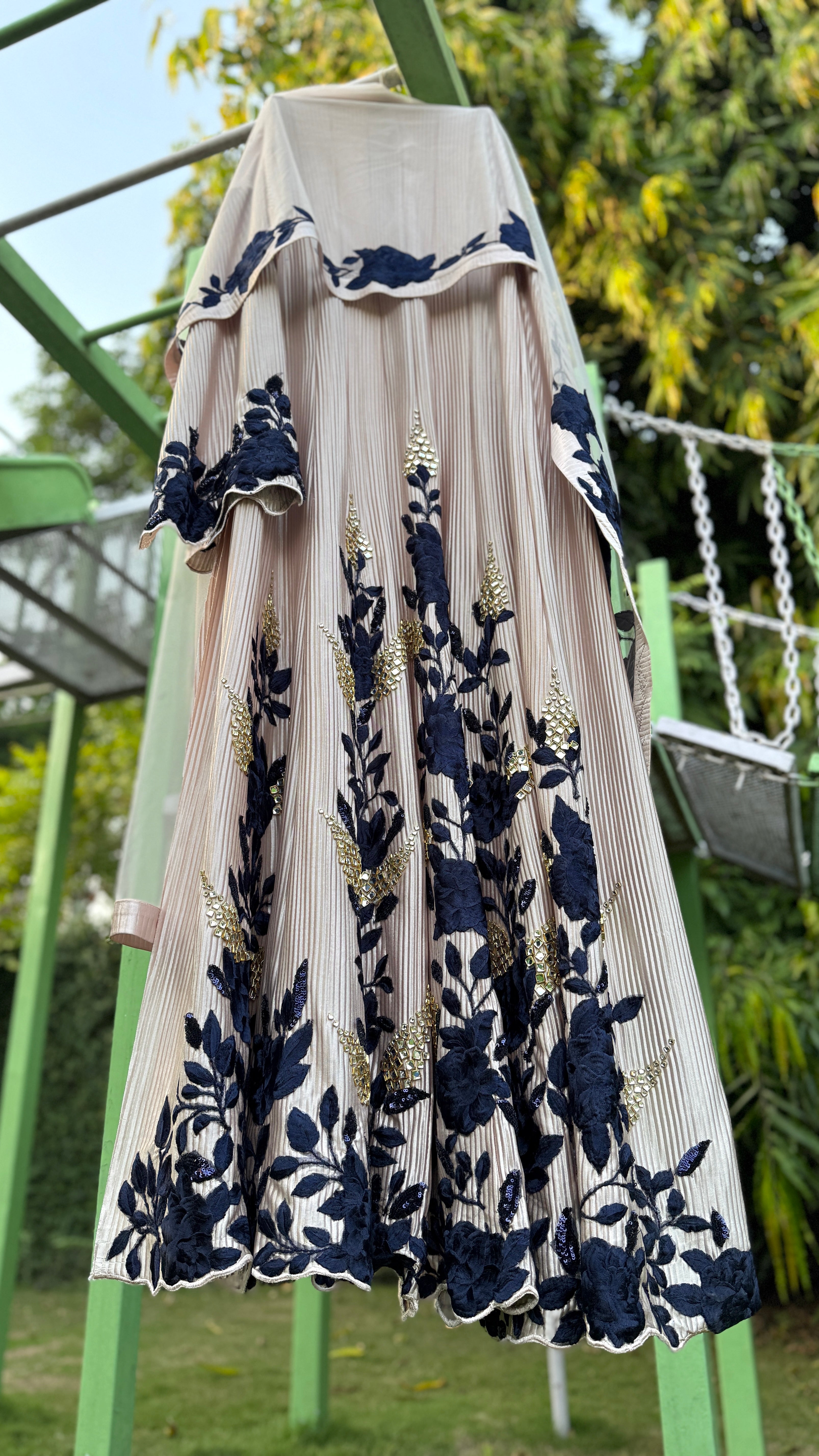 Beige Blue Pleated Floral Anarkali