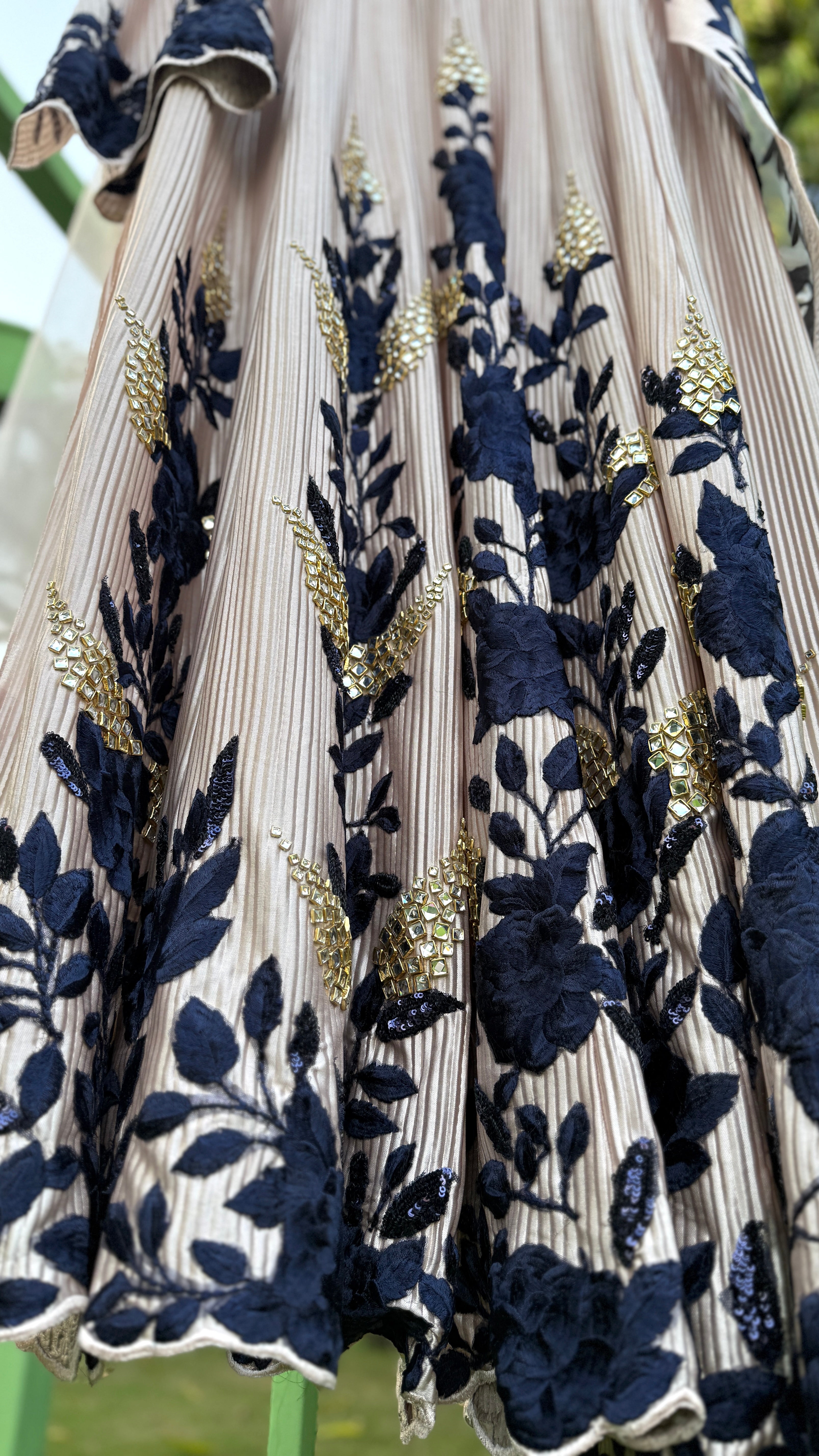 Beige Blue Pleated Floral Anarkali