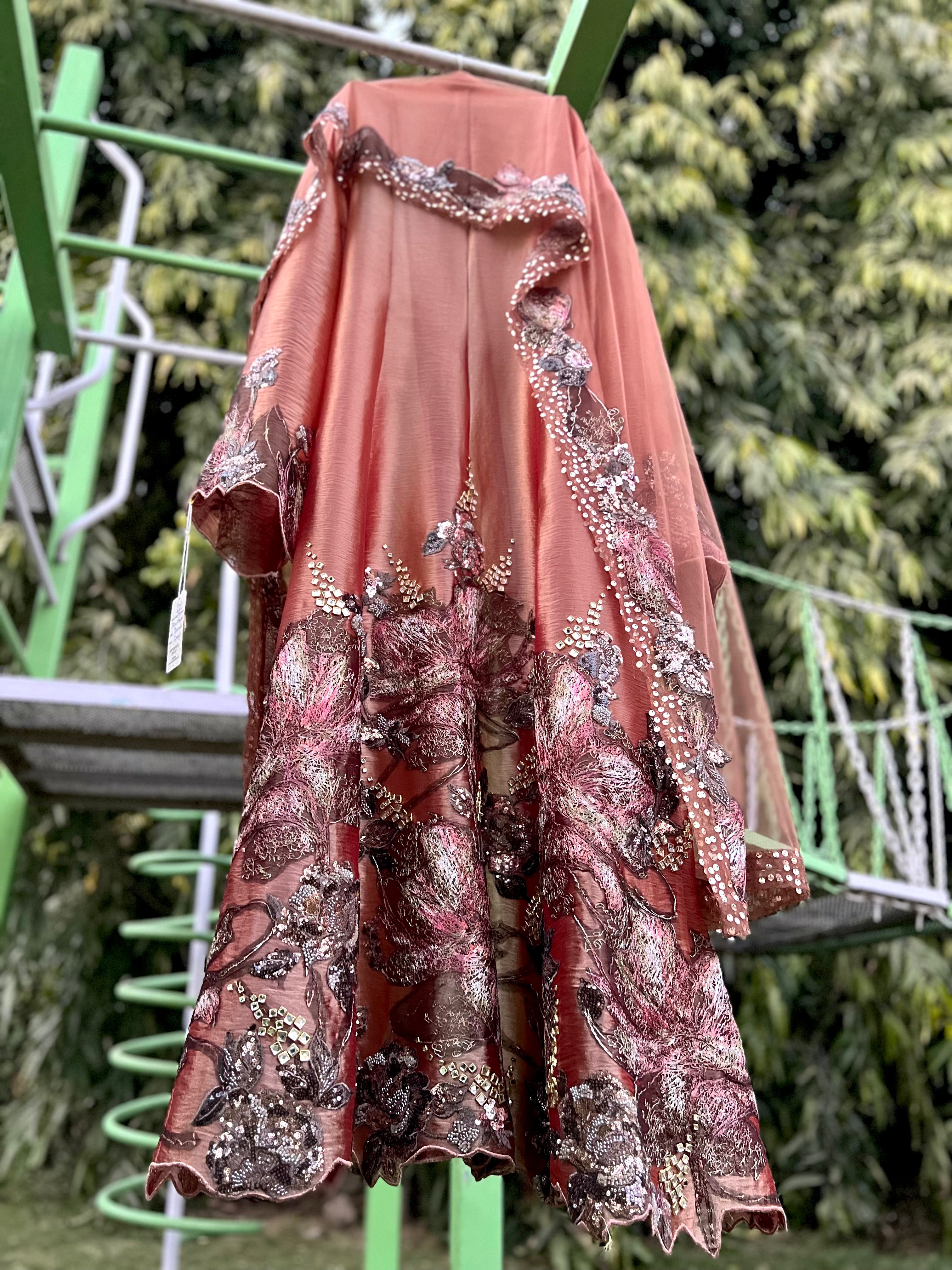 Rust Sketch Organza Tissue Anarkali