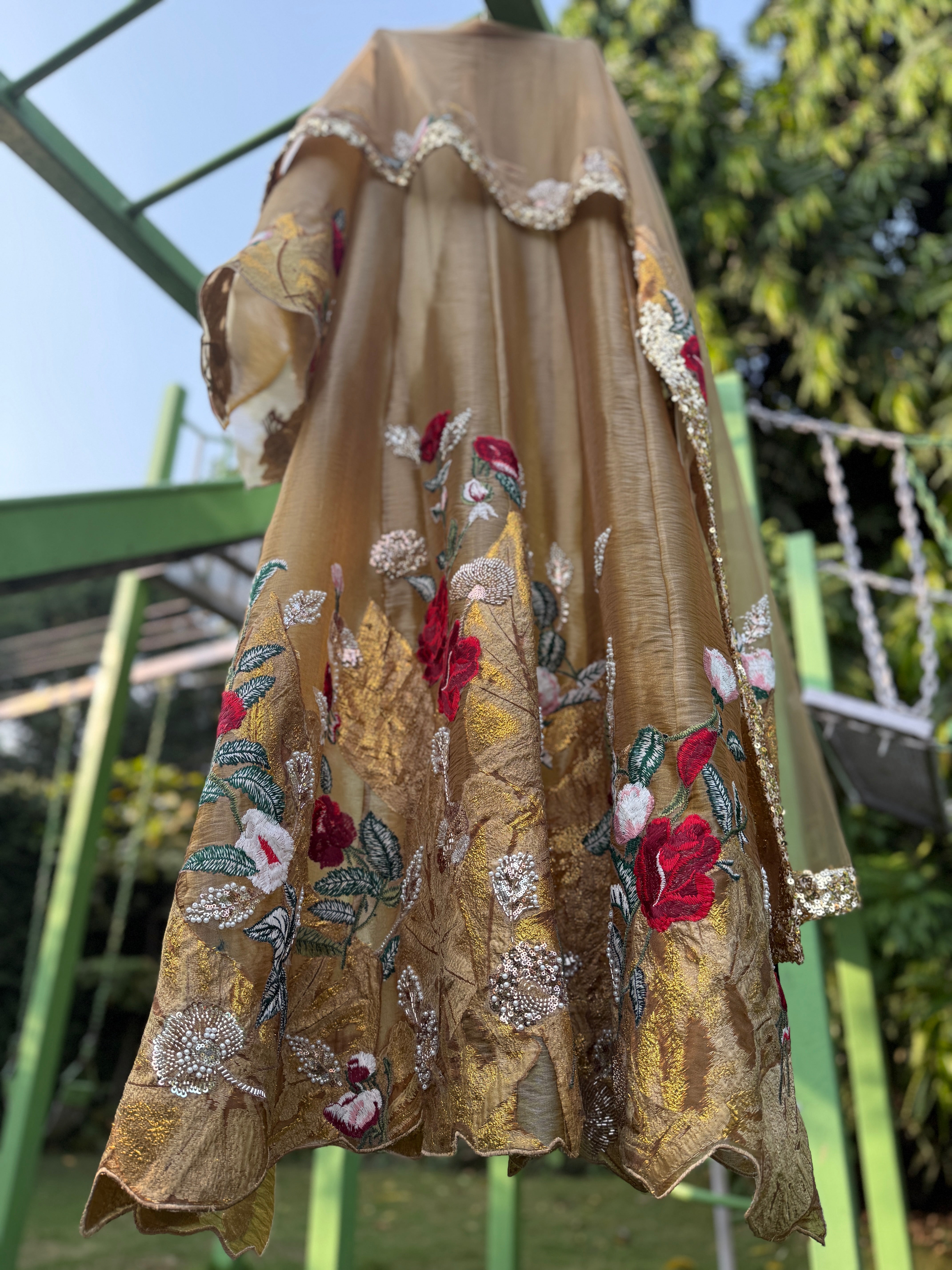 Gold Beige Organza Tissue Brocade Red Flower Anarkali