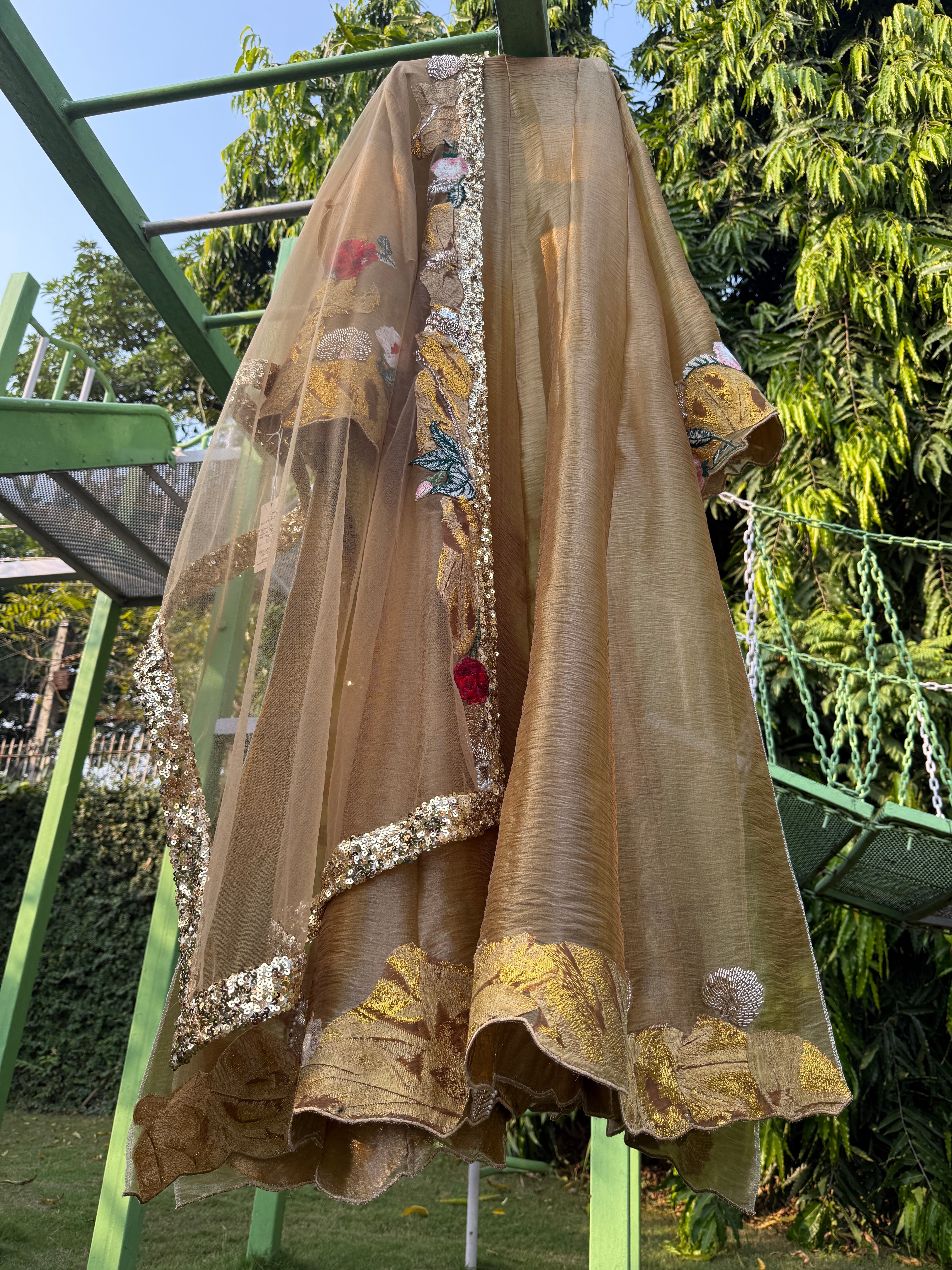 Gold Beige Organza Tissue Brocade Red Flower Anarkali