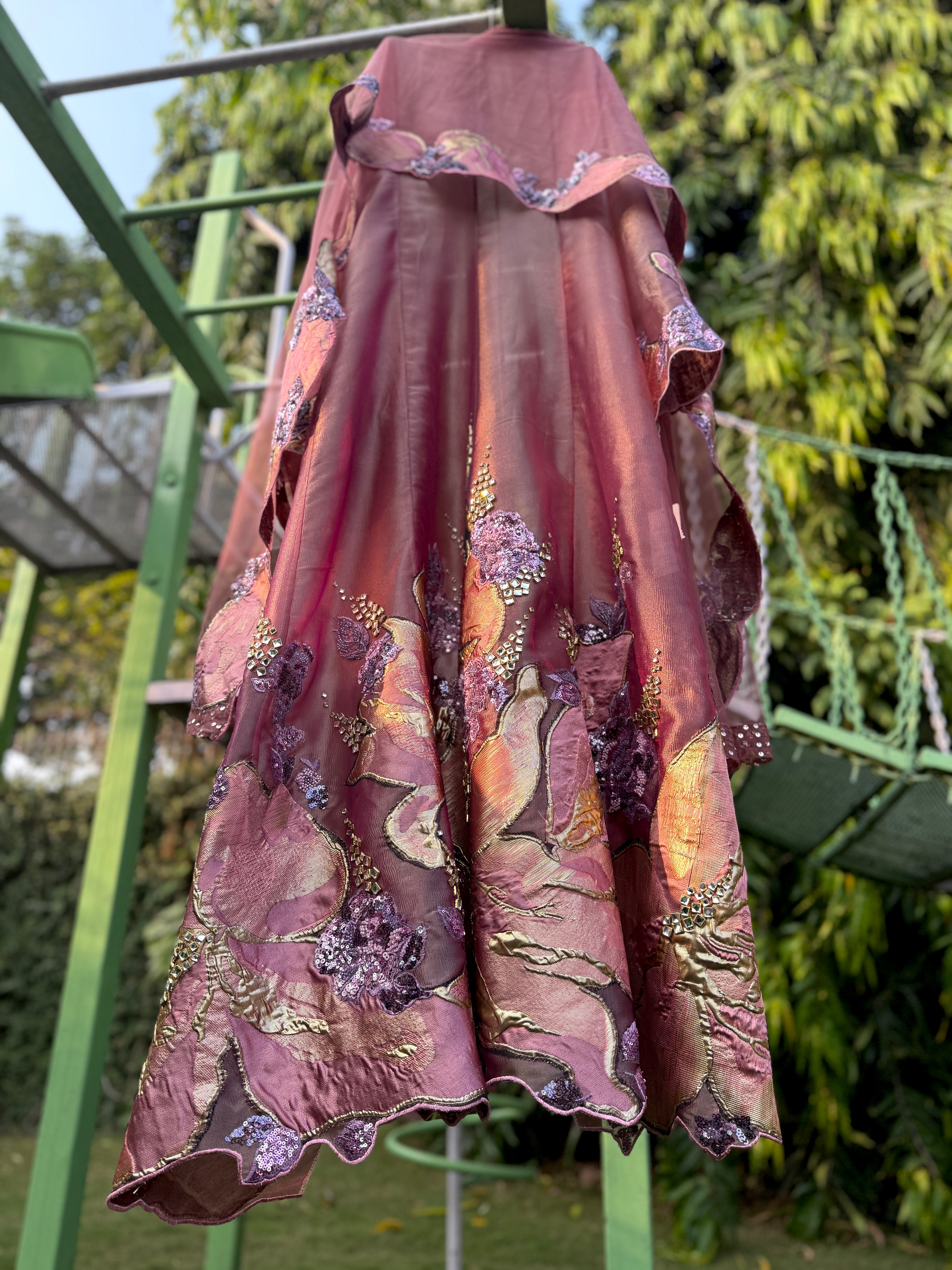Pink Purple Crush Organza Tissue Big flower Anarkali