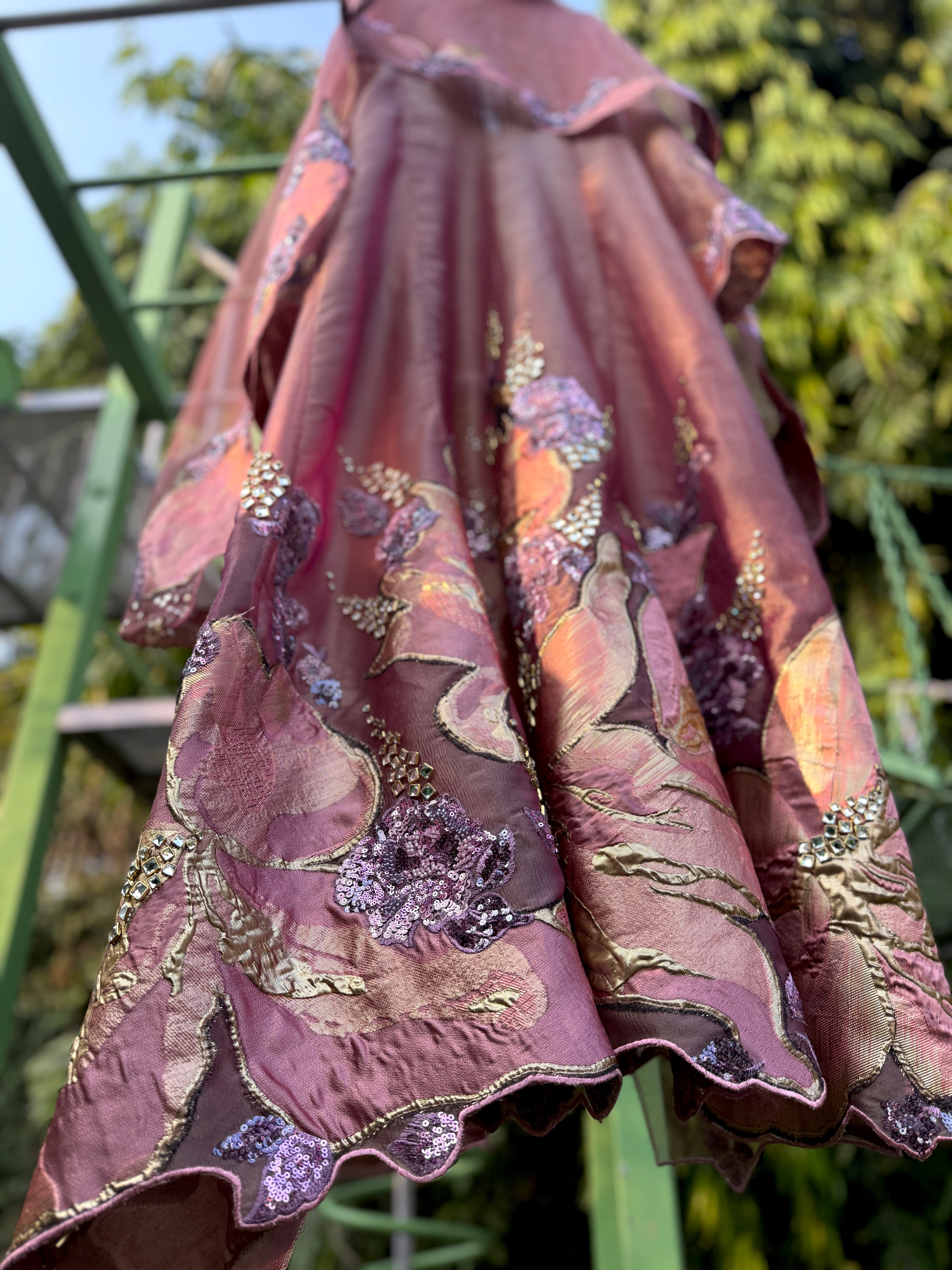 Pink Purple Crush Organza Tissue Big flower Anarkali