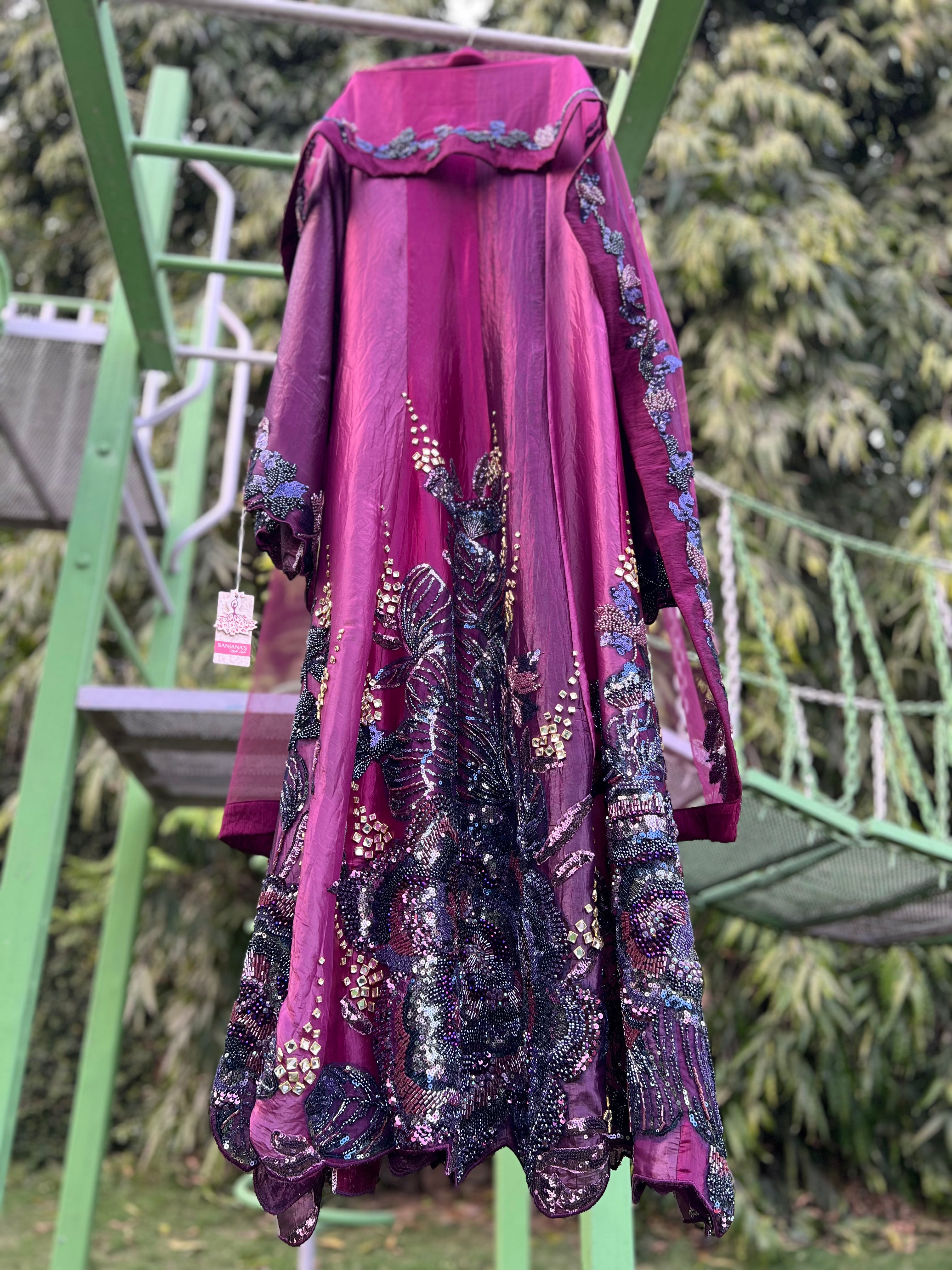 Purple Tripple Crush Soft Organza Big flower Anarkali